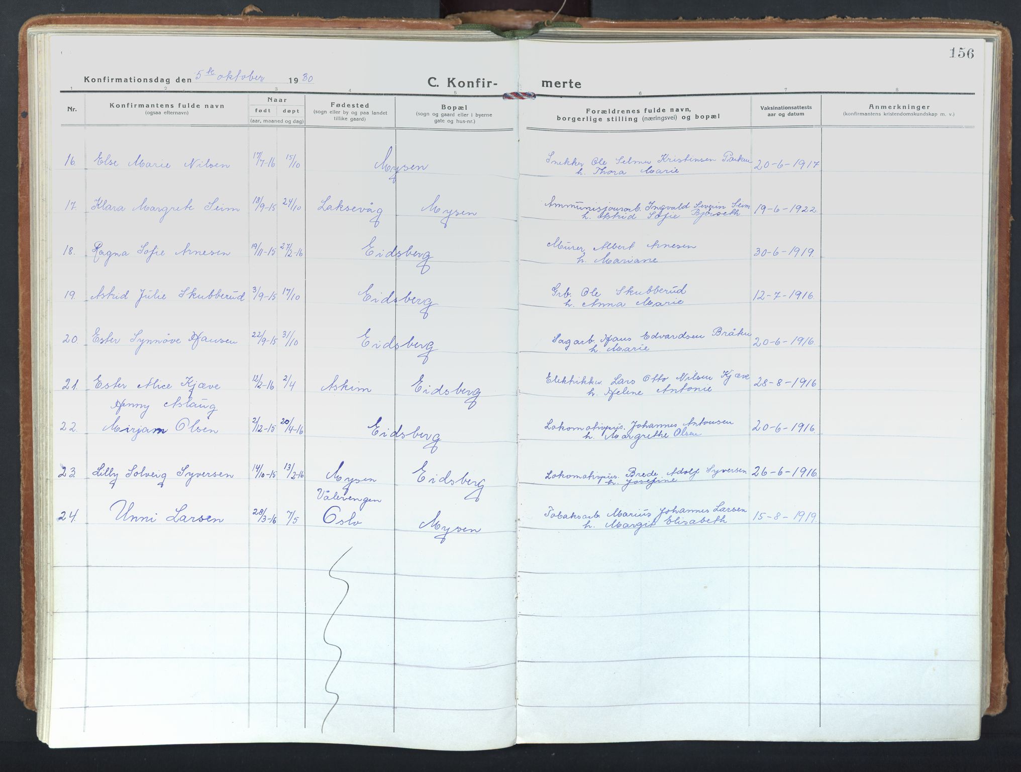 Eidsberg prestekontor Kirkebøker, SAO/A-10905/F/Fd/L0001: Parish register (official) no. IV 1, 1921-1948, p. 156