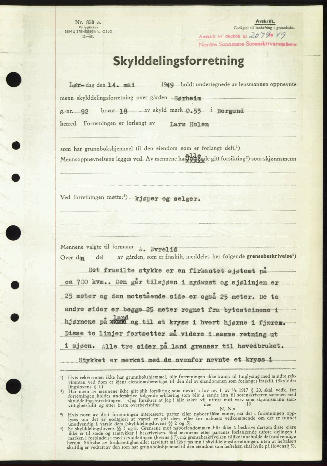 Nordre Sunnmøre sorenskriveri, AV/SAT-A-0006/1/2/2C/2Ca: Mortgage book no. A32, 1949-1949, Diary no: : 2079/1949