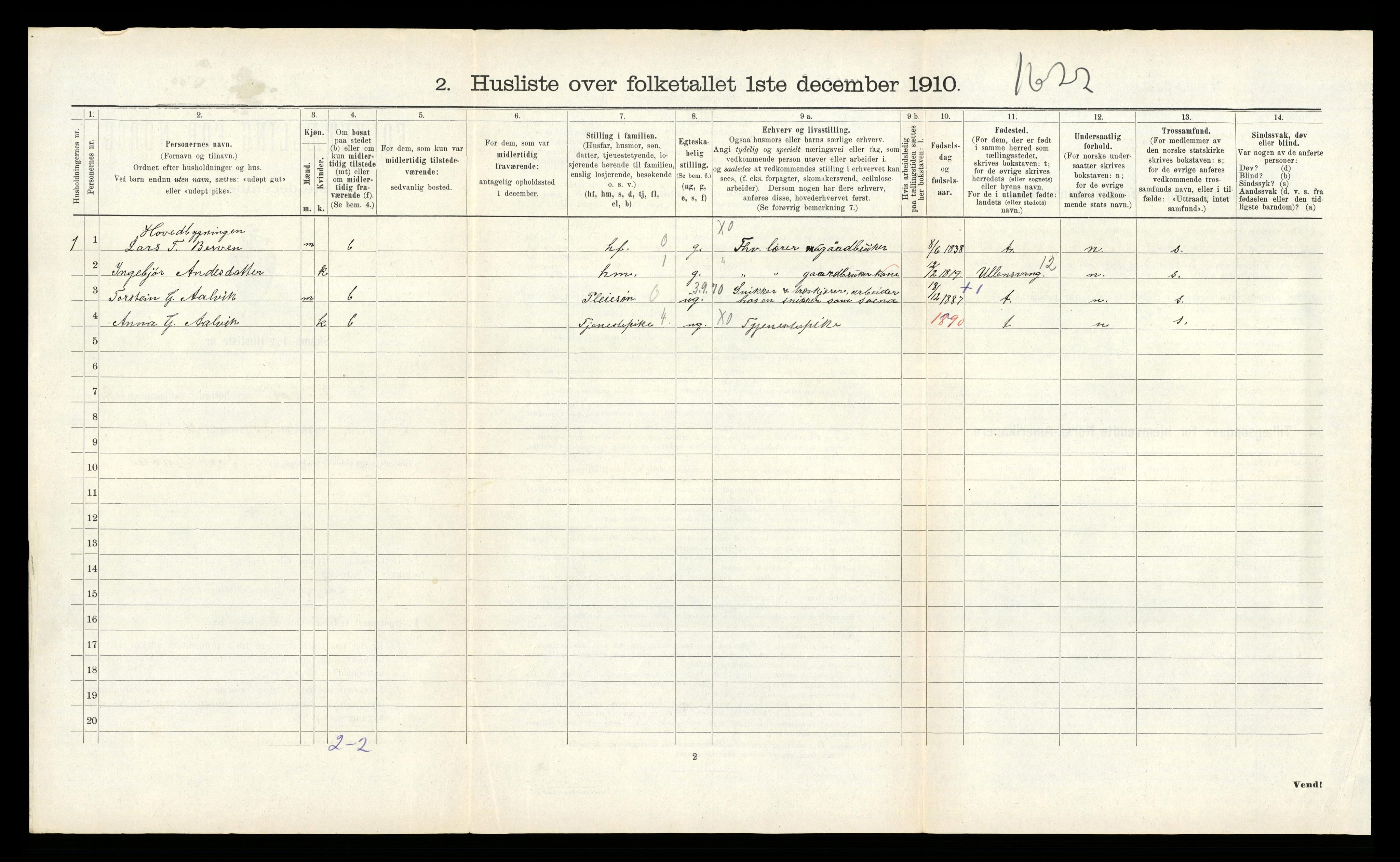 RA, 1910 census for Kvam, 1910, p. 632