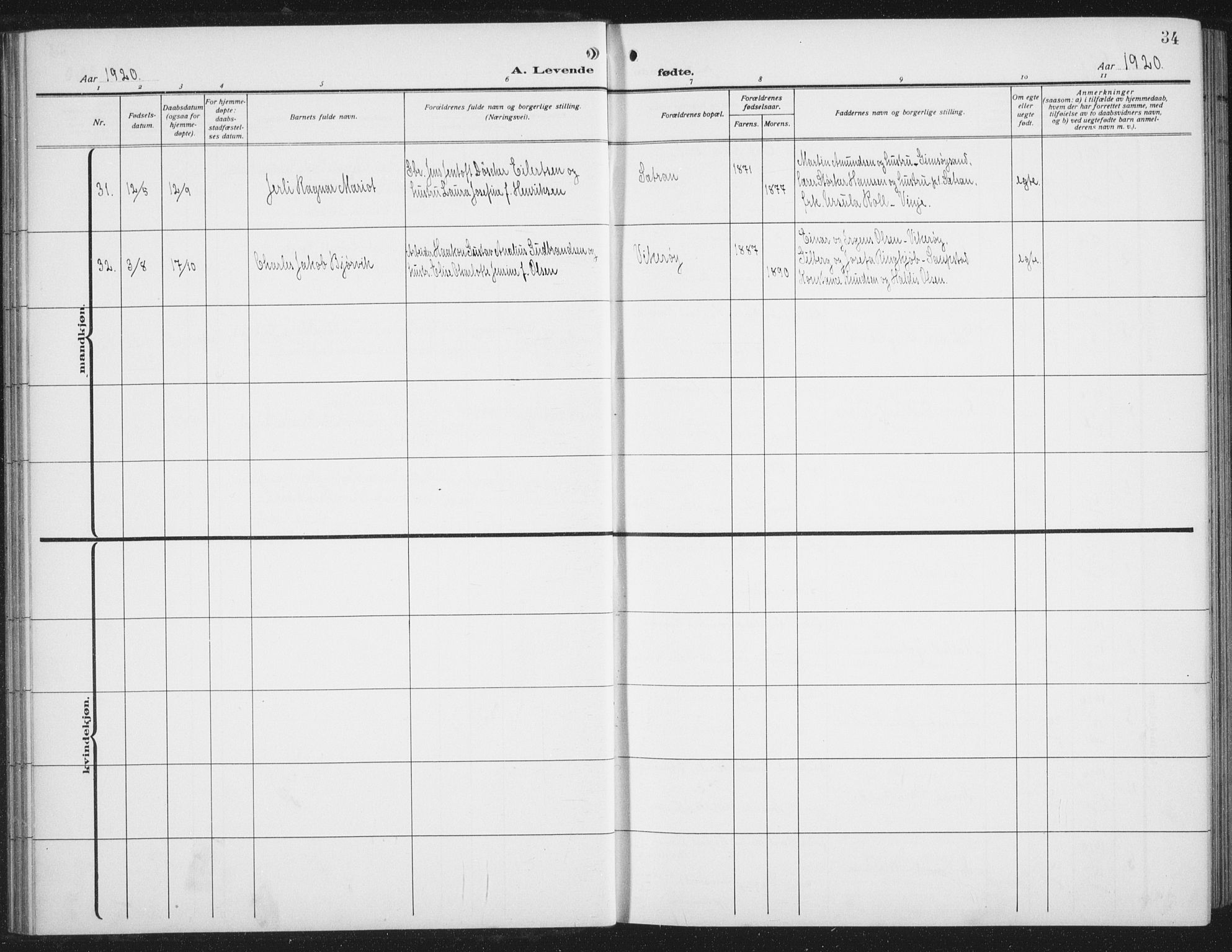 Ministerialprotokoller, klokkerbøker og fødselsregistre - Nordland, AV/SAT-A-1459/876/L1106: Parish register (copy) no. 876C05, 1915-1942, p. 34