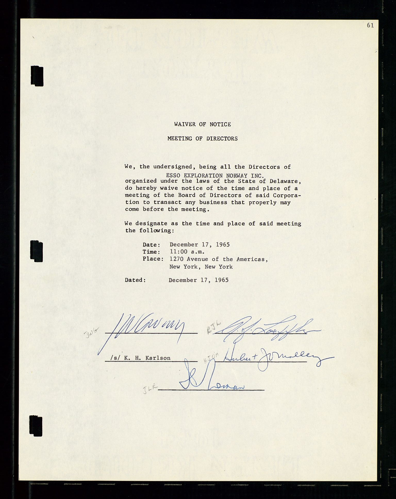 Pa 1512 - Esso Exploration and Production Norway Inc., AV/SAST-A-101917/A/Aa/L0001/0001: Styredokumenter / Corporate records, By-Laws, Board meeting minutes, Incorporations, 1965-1975, p. 61