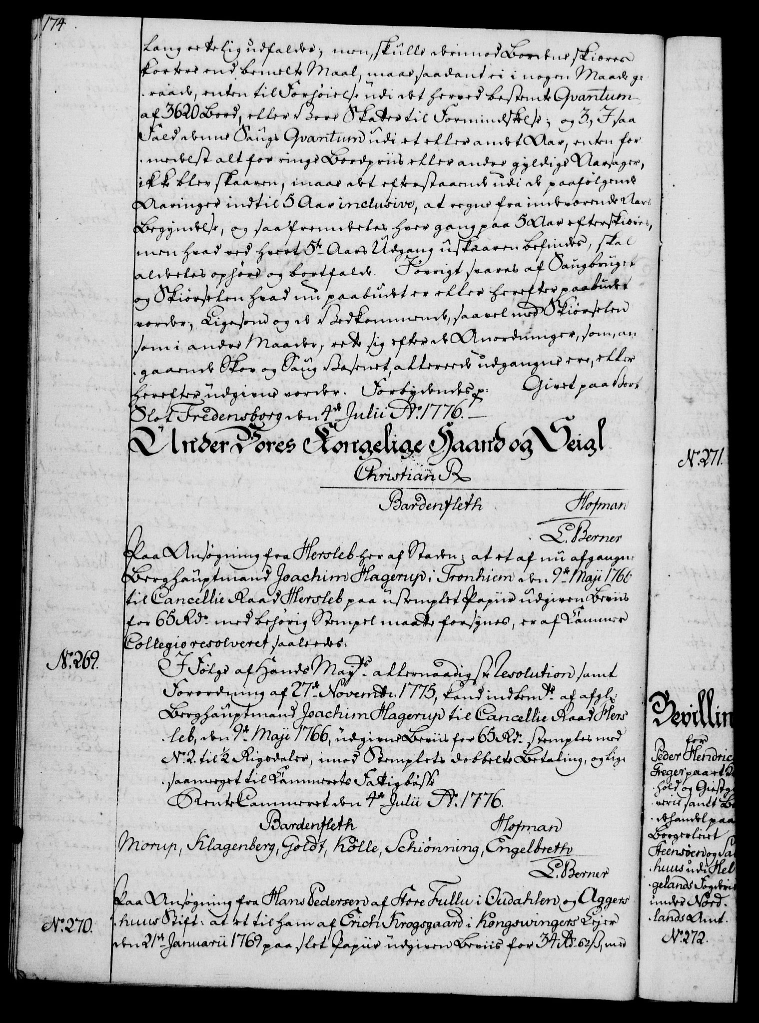 Rentekammeret, Kammerkanselliet, RA/EA-3111/G/Gg/Gga/L0010: Norsk ekspedisjonsprotokoll med register (merket RK 53.10), 1773-1778, p. 174