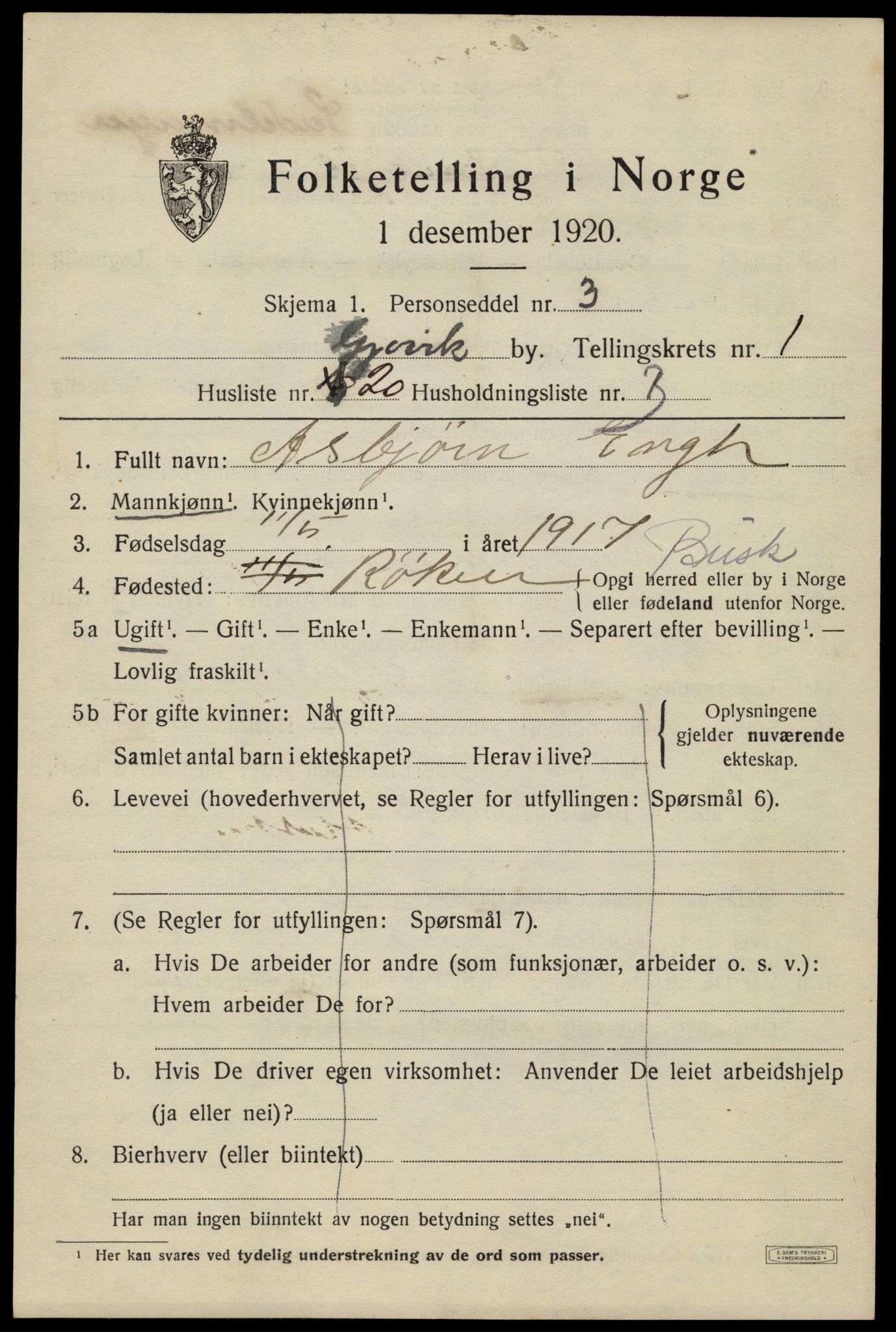 SAH, 1920 census for Gjøvik, 1920, p. 3322