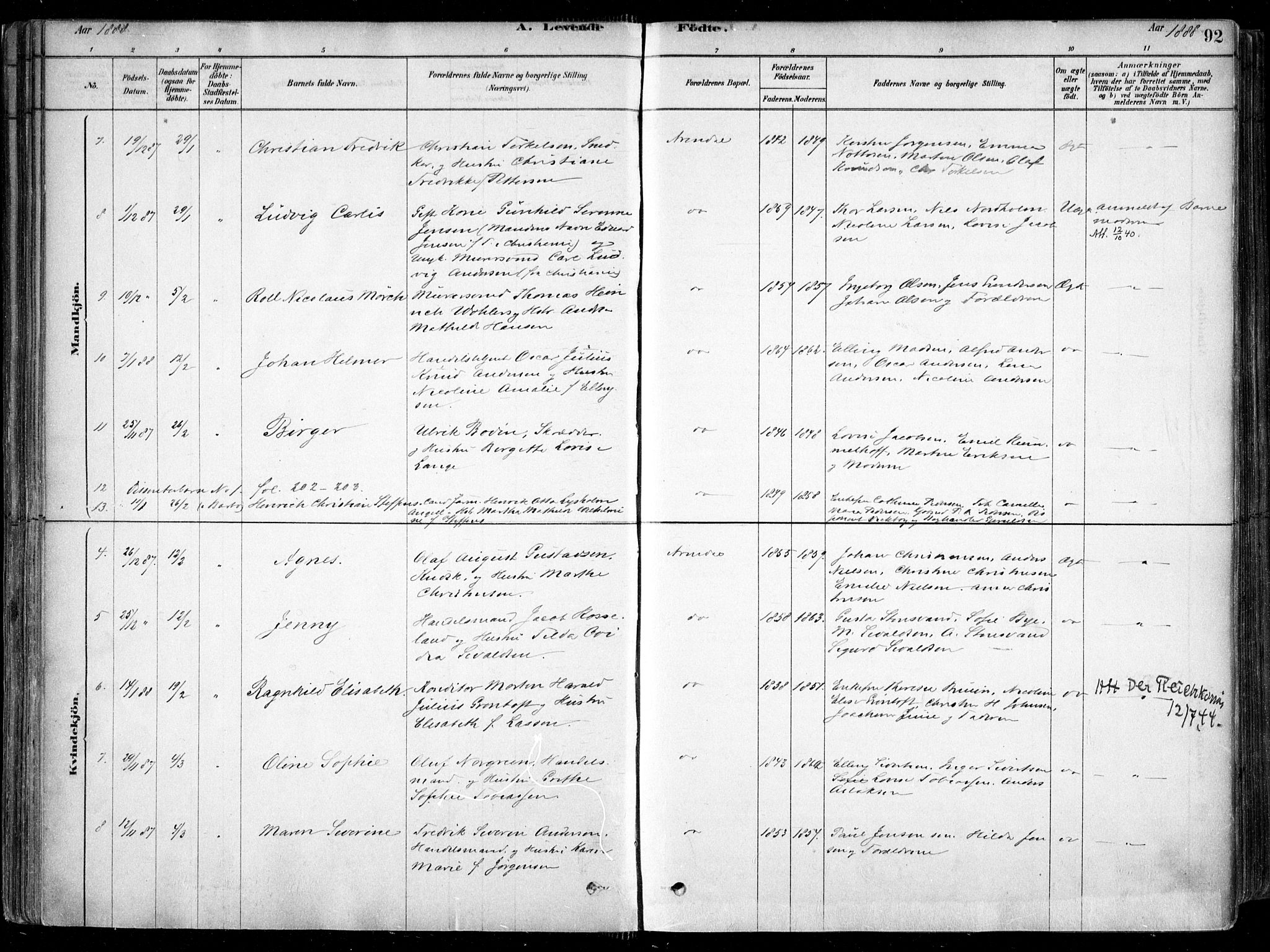 Arendal sokneprestkontor, Trefoldighet, AV/SAK-1111-0040/F/Fa/L0008: Parish register (official) no. A 8, 1878-1899, p. 92