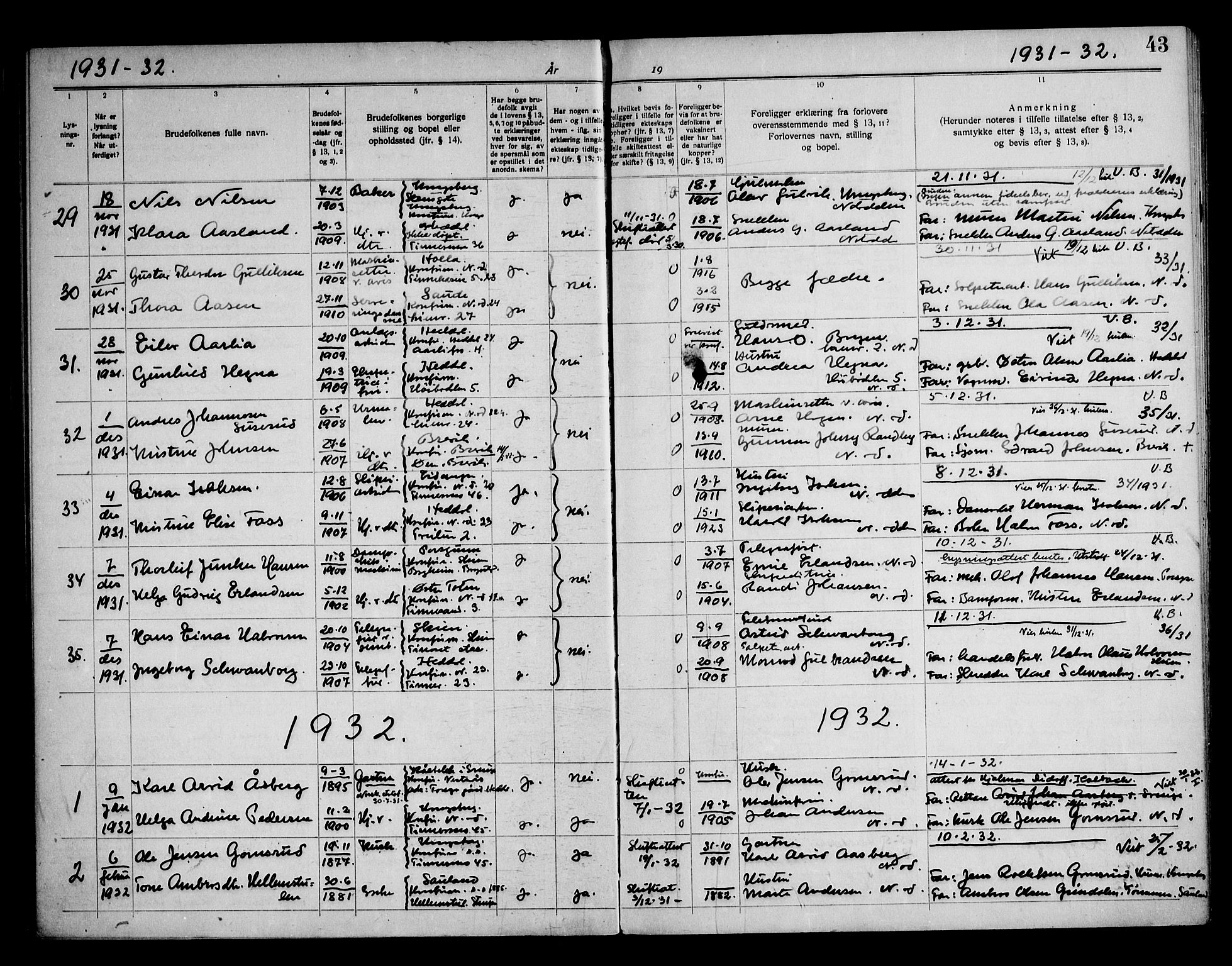 Notodden kirkebøker, SAKO/A-290/H/Ha/L0001: Banns register no. 1, 1919-1945, p. 43