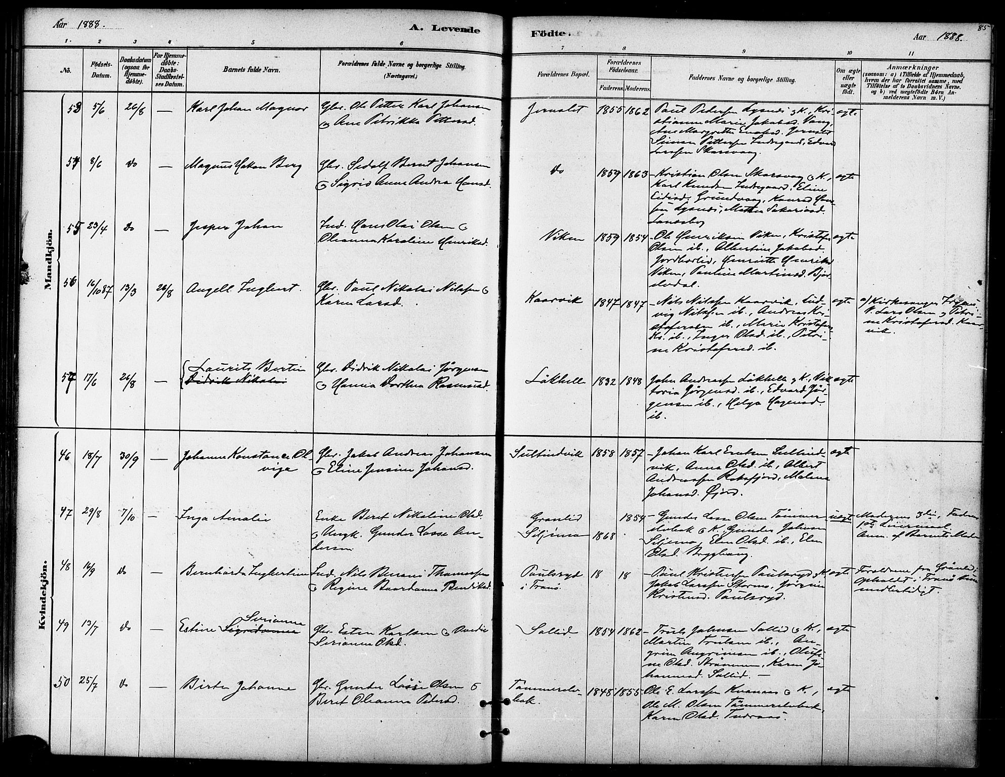 Lenvik sokneprestembete, AV/SATØ-S-1310/H/Ha/Haa/L0011kirke: Parish register (official) no. 11, 1880-1889, p. 85