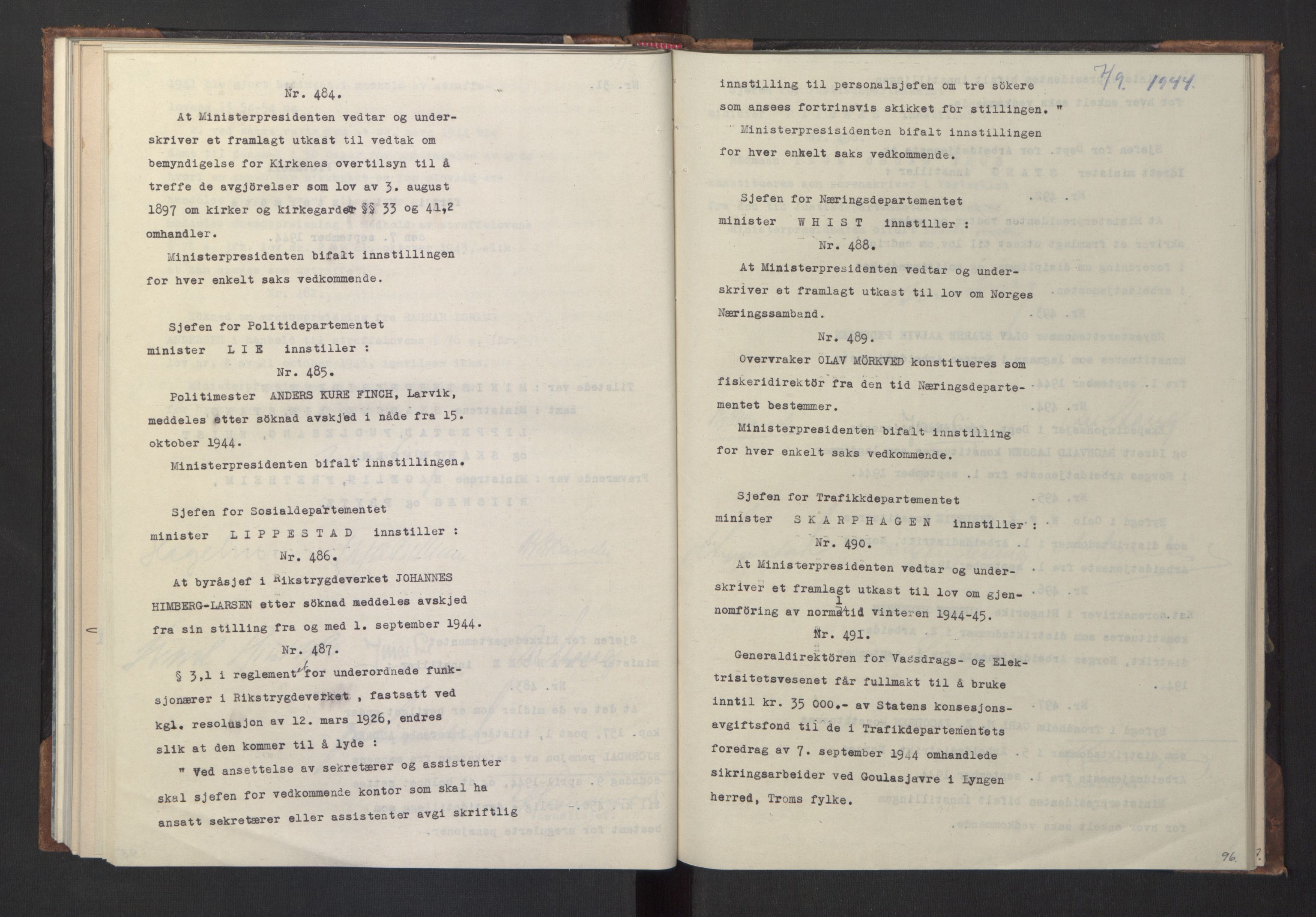 NS-administrasjonen 1940-1945 (Statsrådsekretariatet, de kommisariske statsråder mm), RA/S-4279/D/Da/L0005: Protokoll fra ministermøter, 1944, p. 98