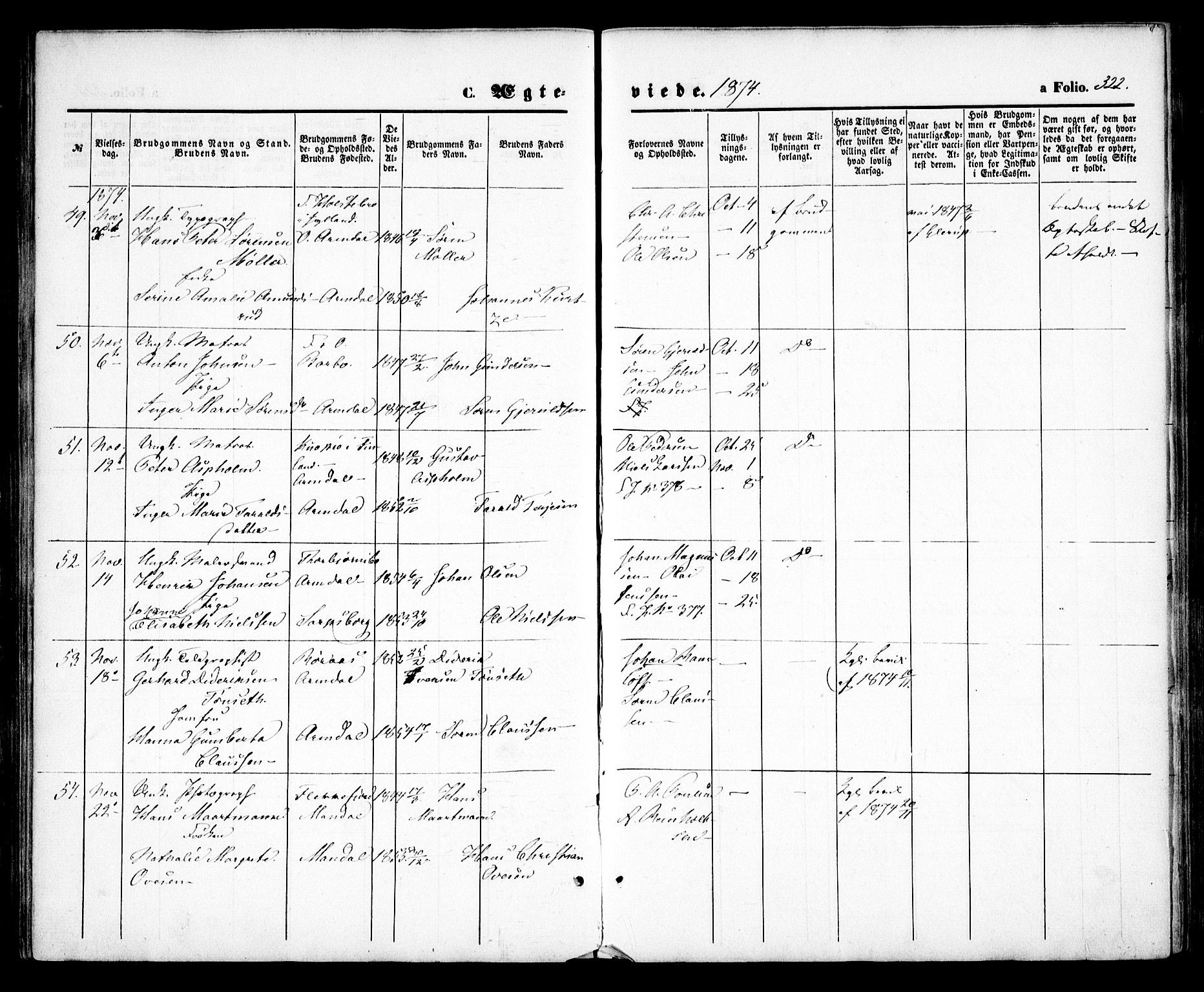 Arendal sokneprestkontor, Trefoldighet, SAK/1111-0040/F/Fa/L0007: Parish register (official) no. A 7, 1868-1878, p. 322