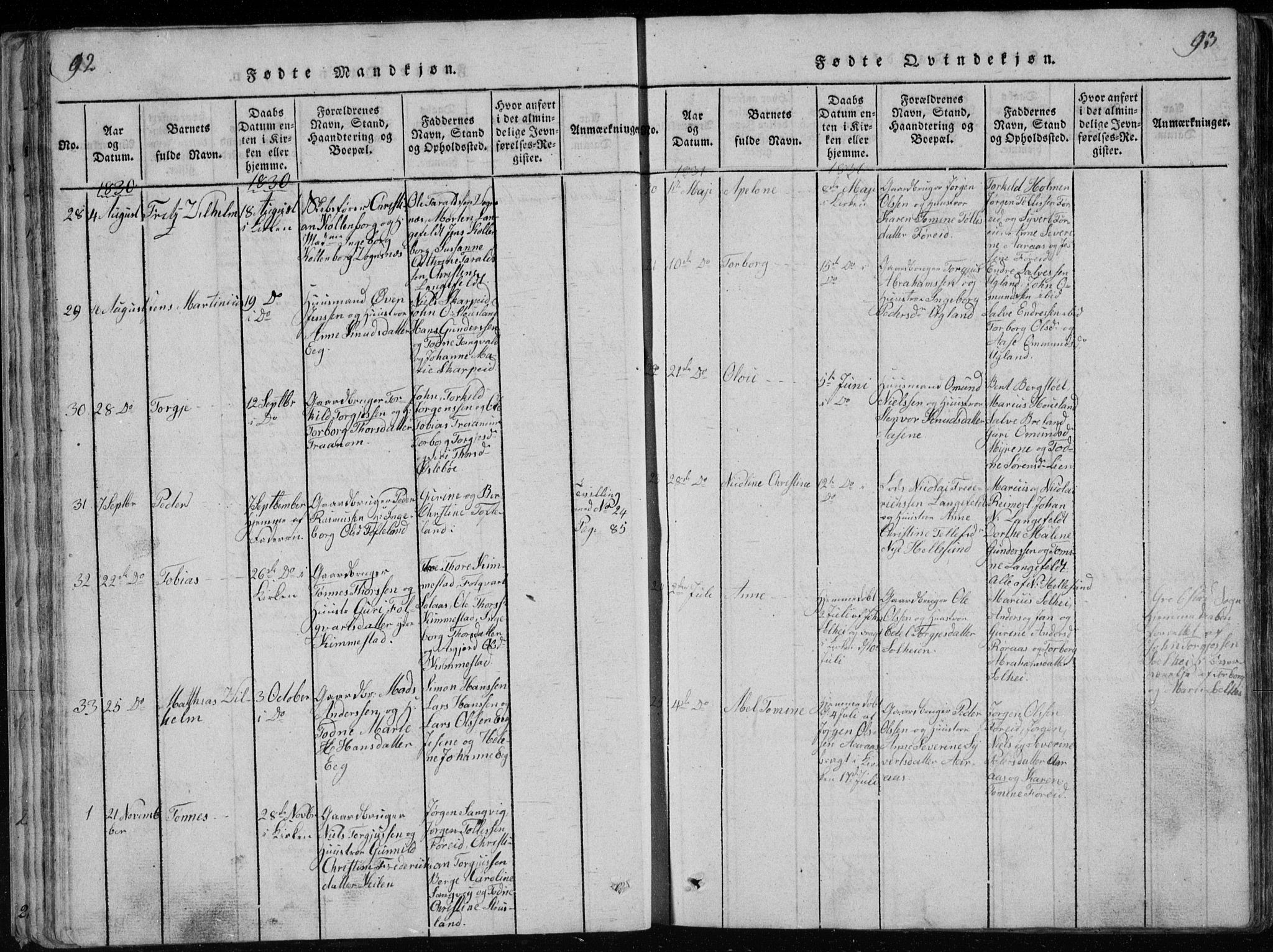 Søgne sokneprestkontor, SAK/1111-0037/F/Fb/Fbb/L0002: Parish register (copy) no. B 2, 1821-1838, p. 92-93