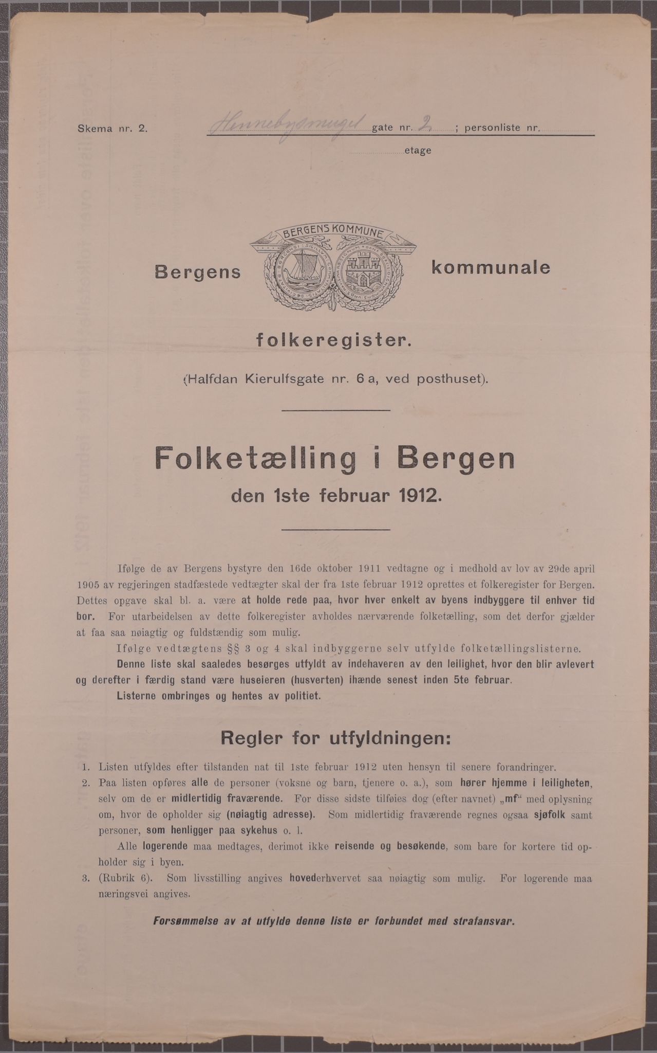 SAB, Municipal Census 1912 for Bergen, 1912, p. 2200