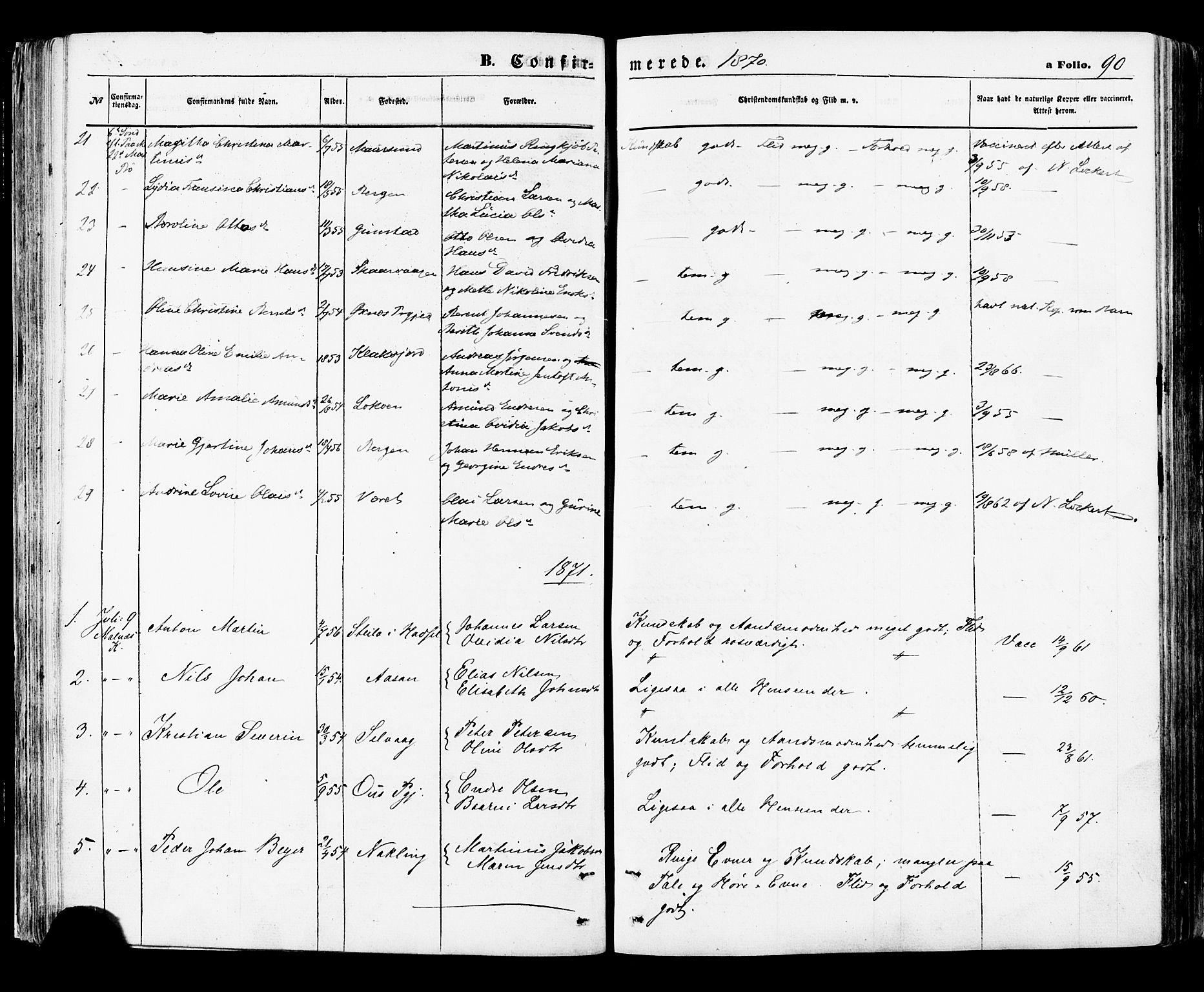 Ministerialprotokoller, klokkerbøker og fødselsregistre - Nordland, SAT/A-1459/891/L1301: Parish register (official) no. 891A06, 1870-1878, p. 90