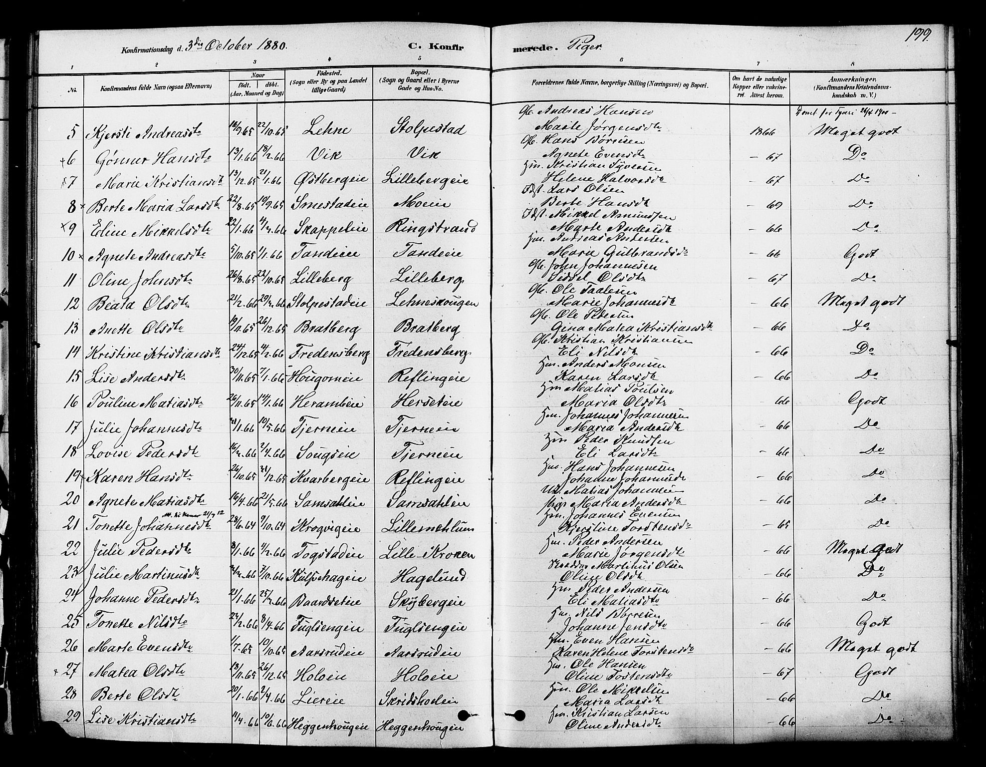 Ringsaker prestekontor, AV/SAH-PREST-014/K/Ka/L0012: Parish register (official) no. 12, 1879-1890, p. 199