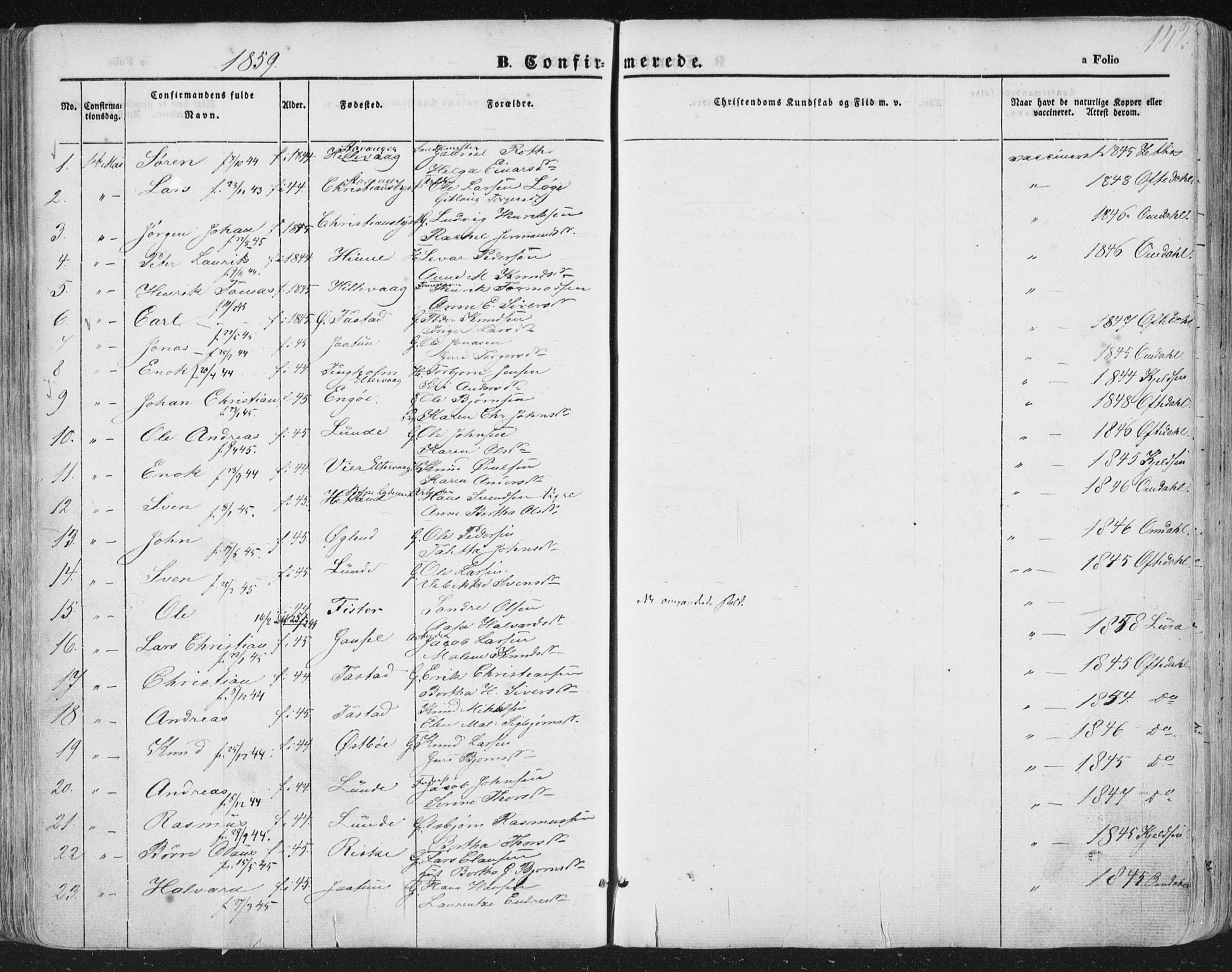 Hetland sokneprestkontor, AV/SAST-A-101826/30/30BA/L0002: Parish register (official) no. A 2, 1849-1869, p. 142