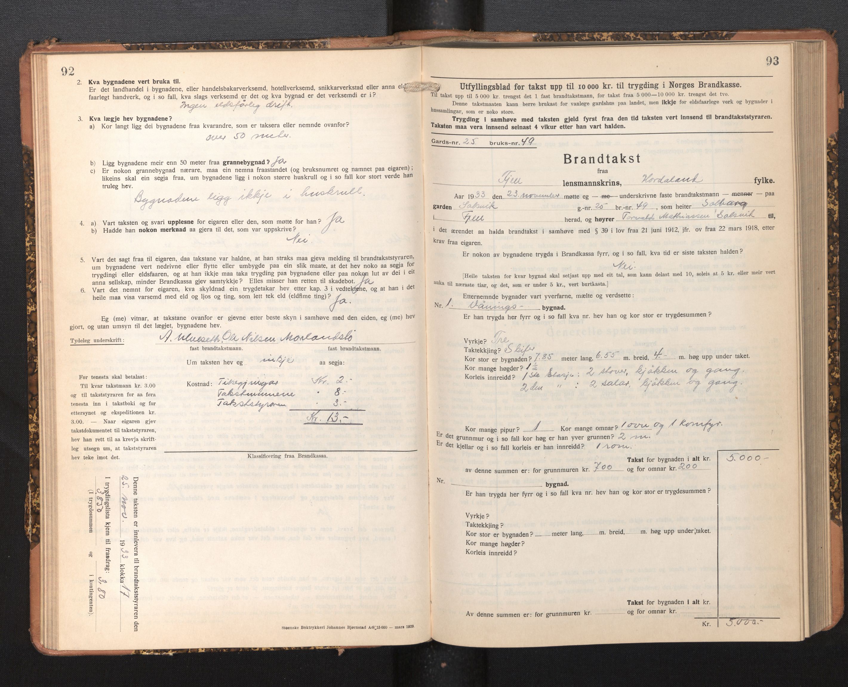 Lensmannen i Fjell, SAB/A-32301/0012/L0006: Branntakstprotokoll, skjematakst, 1931-1945, p. 92-93