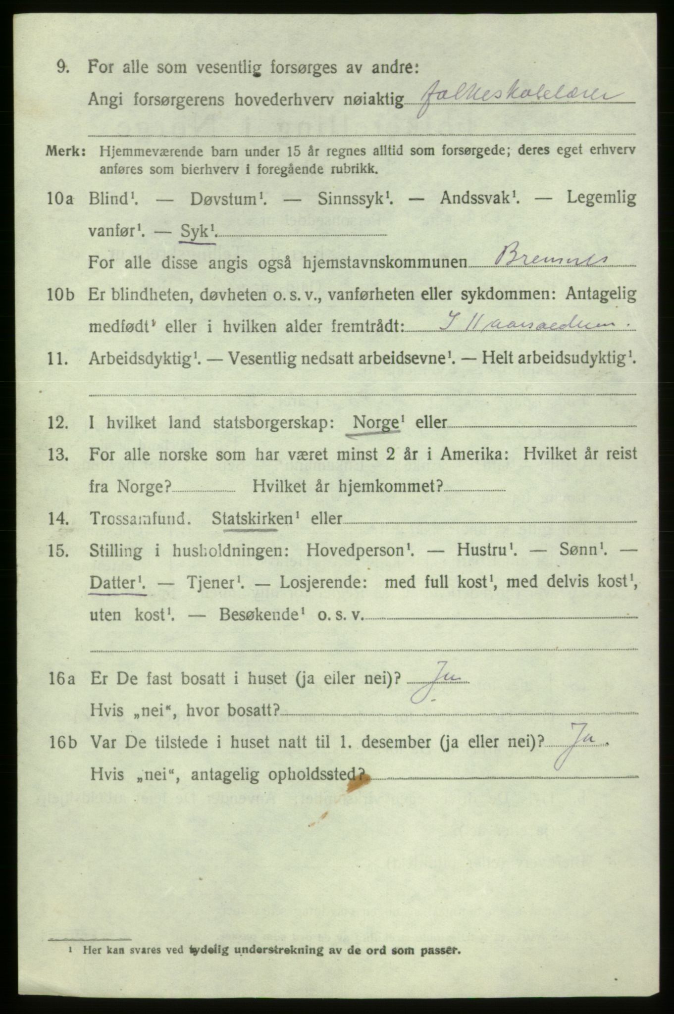 SAB, 1920 census for Bremnes, 1920, p. 5069