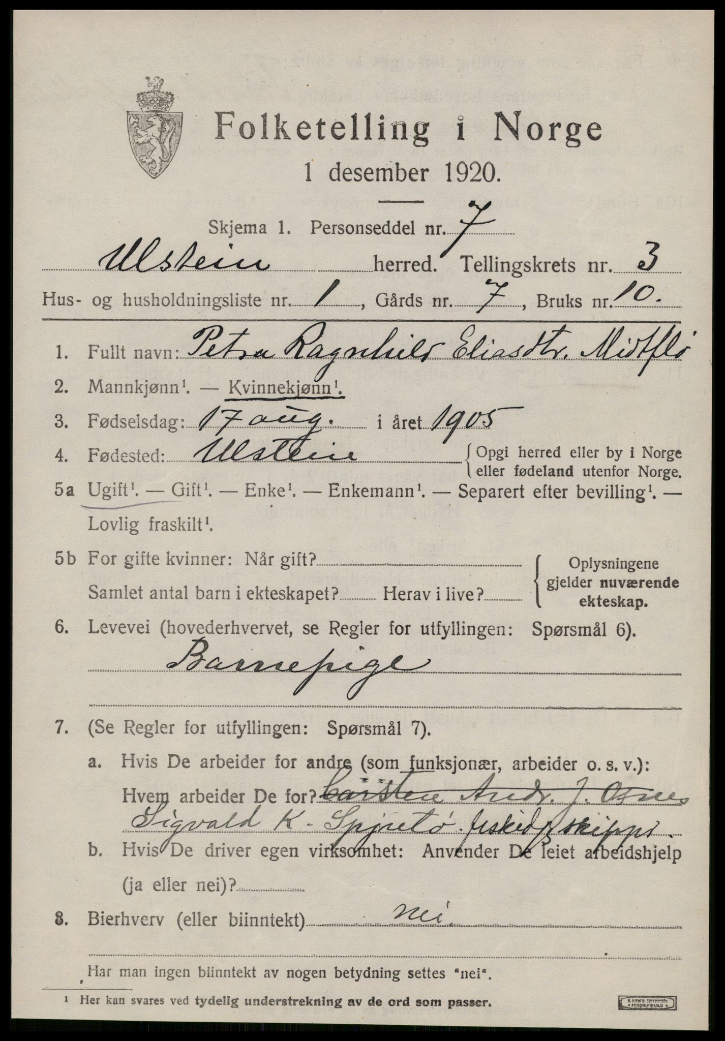 SAT, 1920 census for Ulstein, 1920, p. 1636