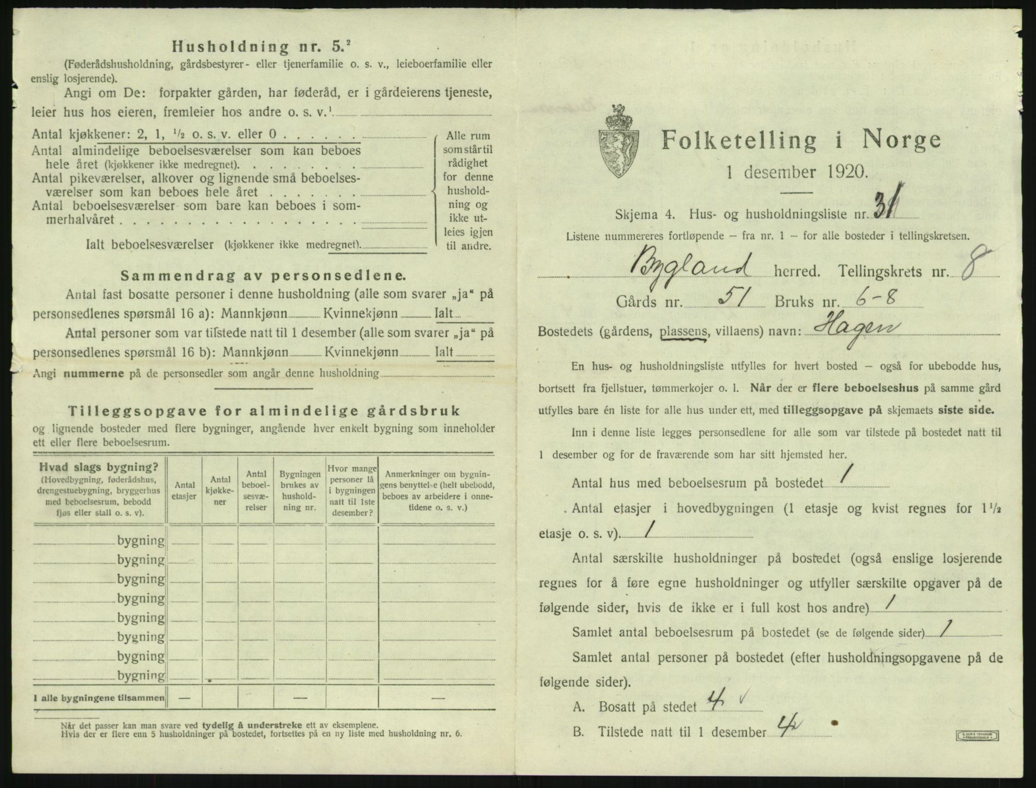 SAK, 1920 census for Bygland, 1920, p. 463