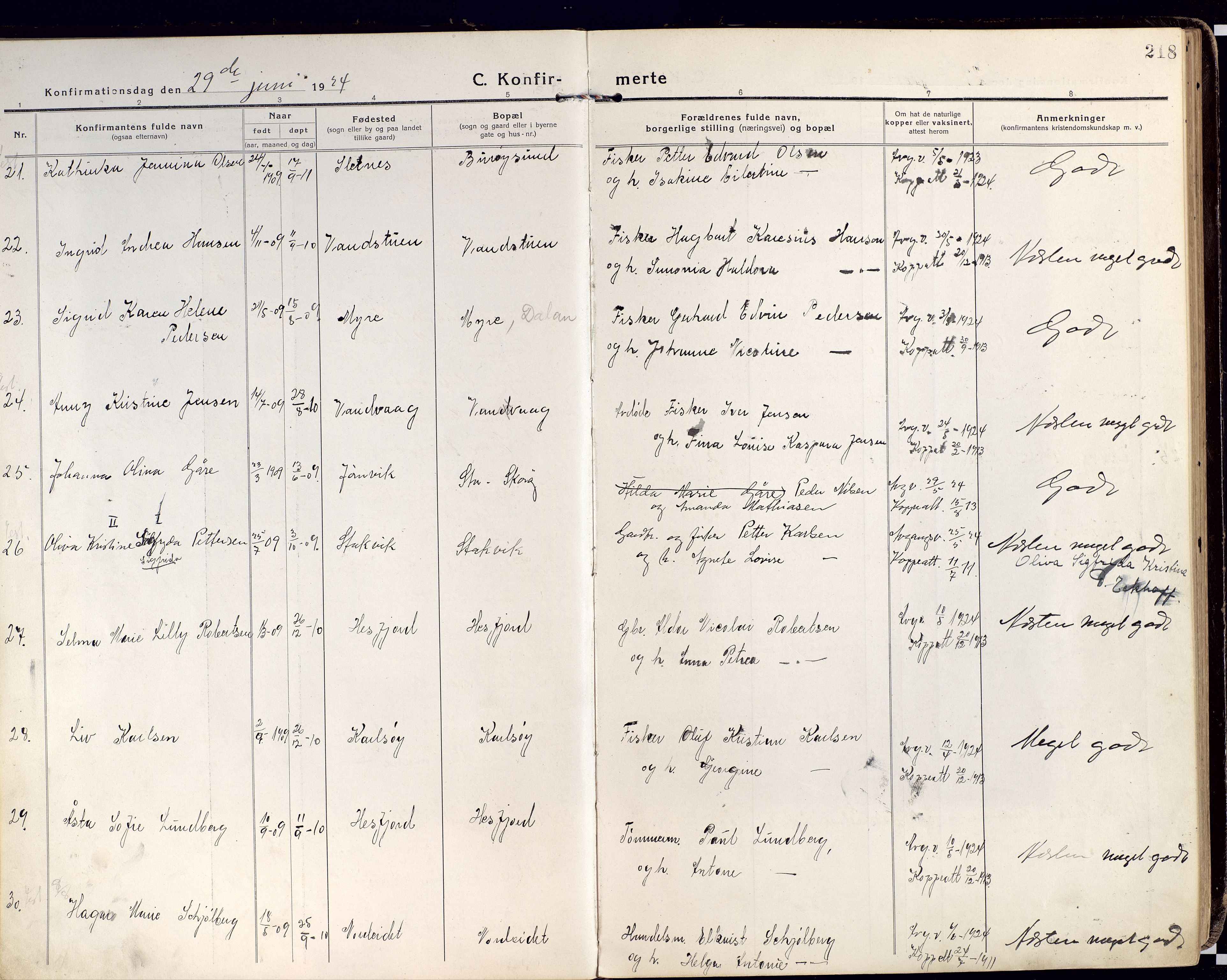 Karlsøy sokneprestembete, AV/SATØ-S-1299/H/Ha/Haa/L0015kirke: Parish register (official) no. 15, 1918-1929, p. 218