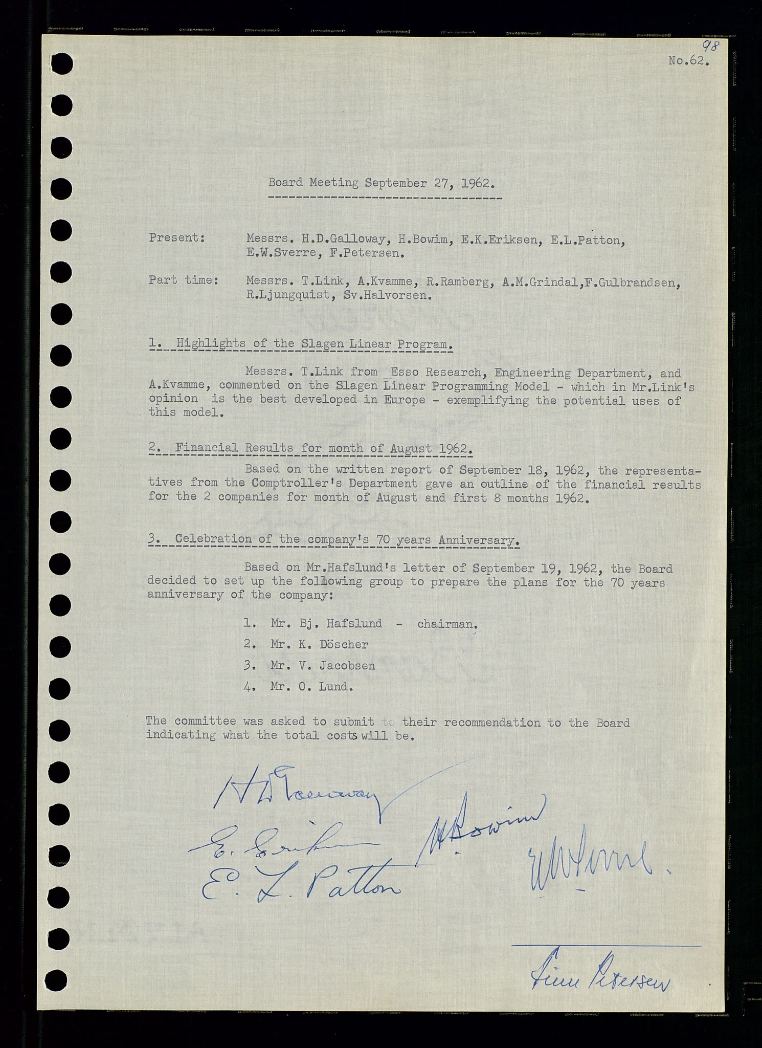 Pa 0982 - Esso Norge A/S, AV/SAST-A-100448/A/Aa/L0001/0003: Den administrerende direksjon Board minutes (styrereferater) / Den administrerende direksjon Board minutes (styrereferater), 1962, p. 98