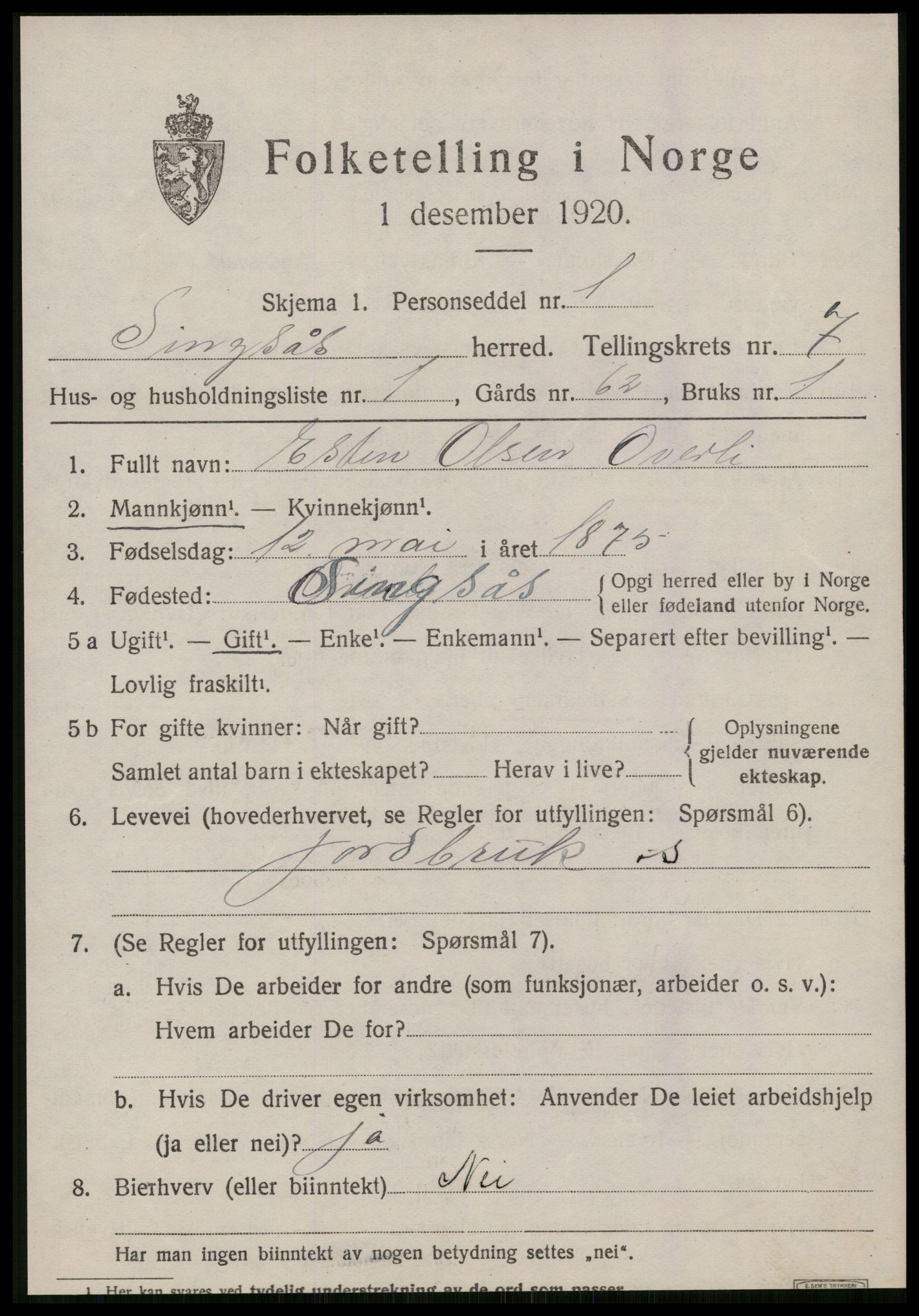 SAT, 1920 census for Singsås, 1920, p. 4015