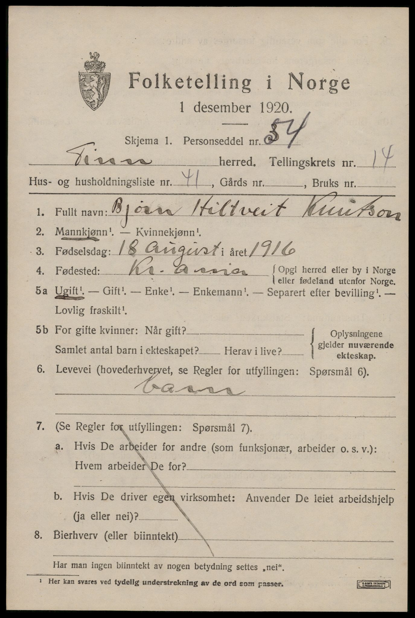 SAKO, 1920 census for Tinn, 1920, p. 9910