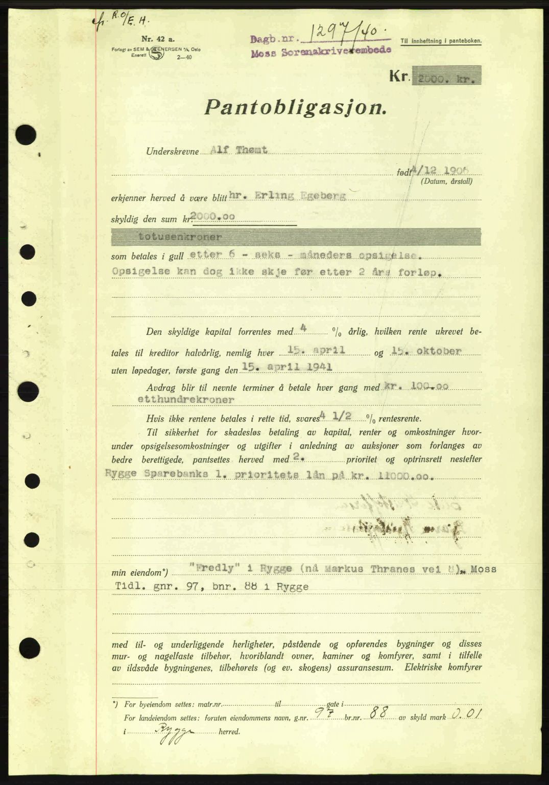 Moss sorenskriveri, SAO/A-10168: Mortgage book no. B10, 1940-1941, Diary no: : 1297/1940