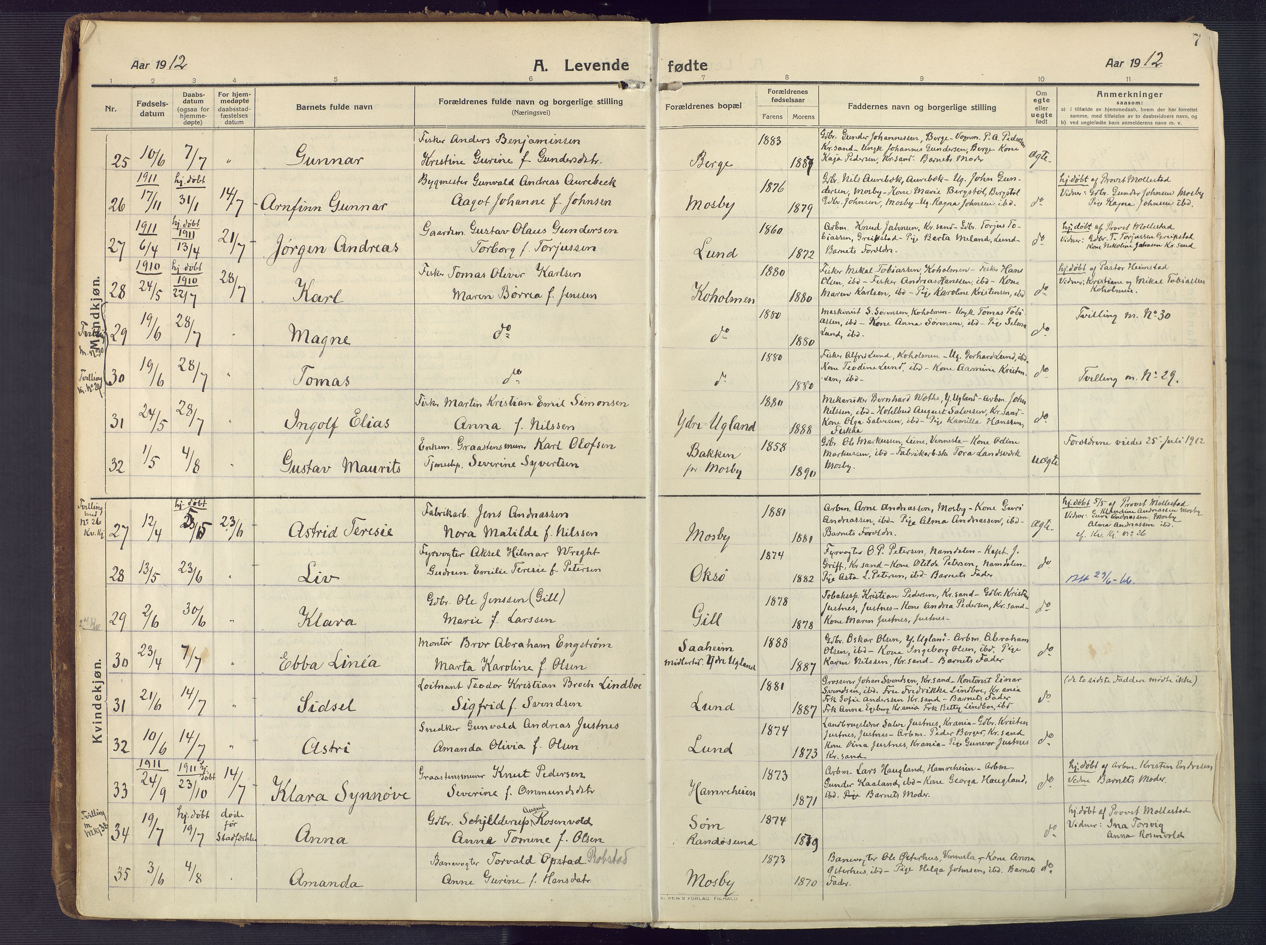 Oddernes sokneprestkontor, AV/SAK-1111-0033/F/Fa/Faa/L0012: Parish register (official) no. A 12, 1912-1925, p. 7