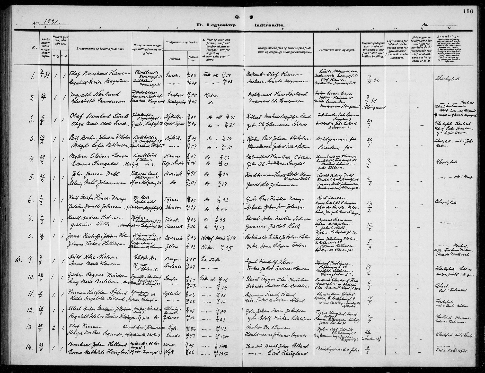 Mariakirken Sokneprestembete, SAB/A-76901/H/Hab/L0010: Parish register (copy) no. A 10, 1920-1937, p. 166