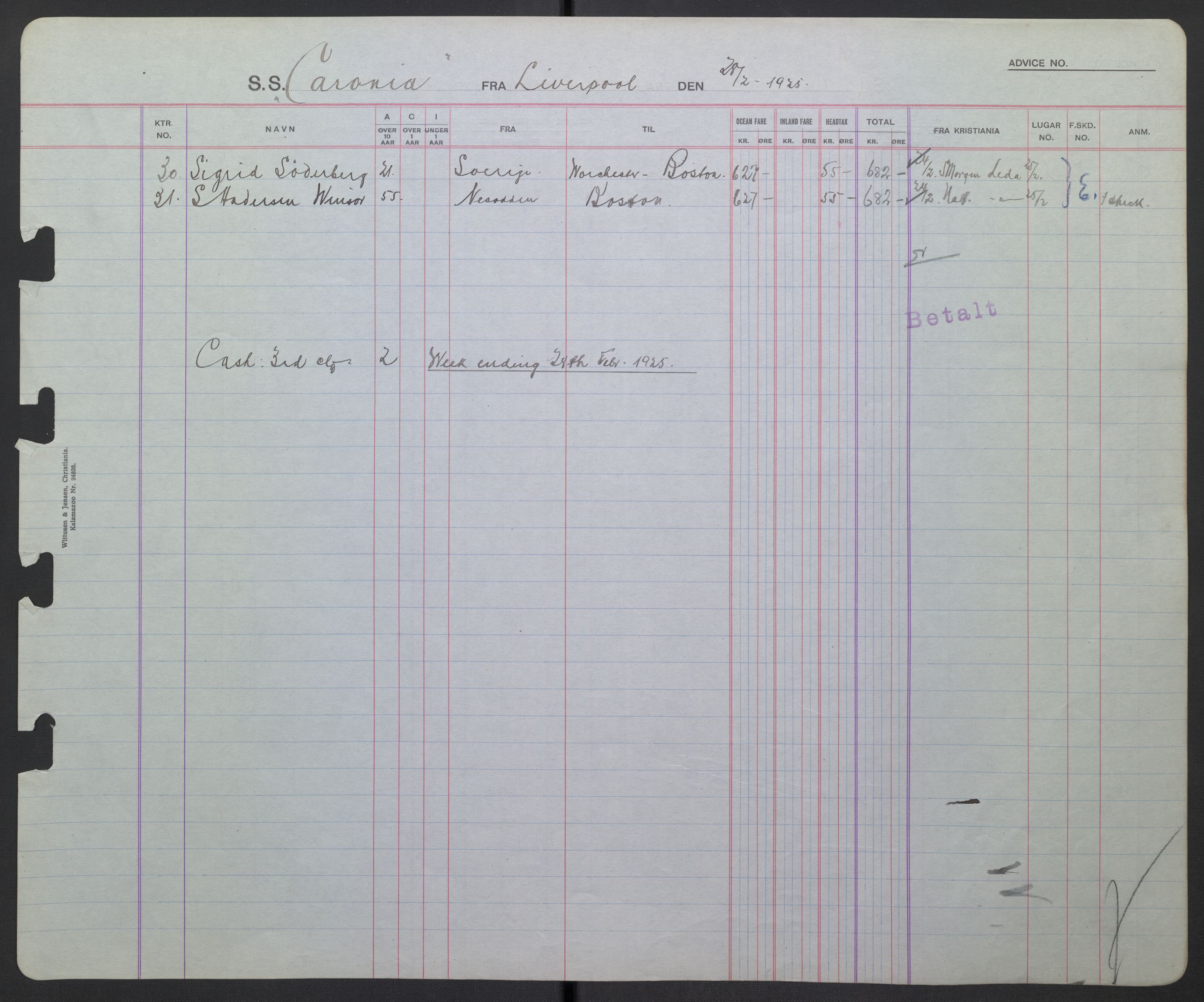 White Star-linjen, AV/SAO-PAO-0201/D/Db/L0001: Passasjerlister, 1924-1937, p. 8