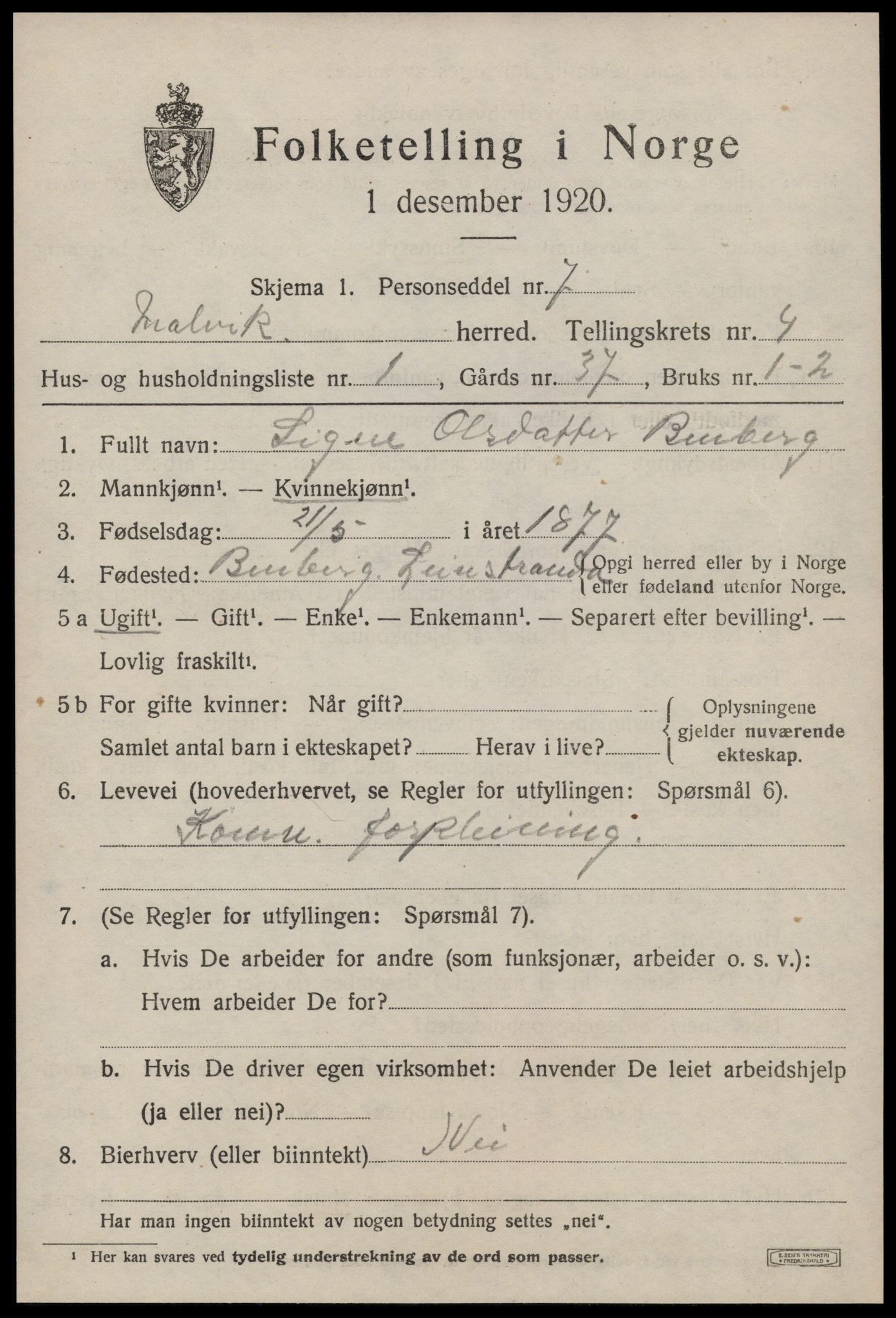 SAT, 1920 census for Malvik, 1920, p. 2580