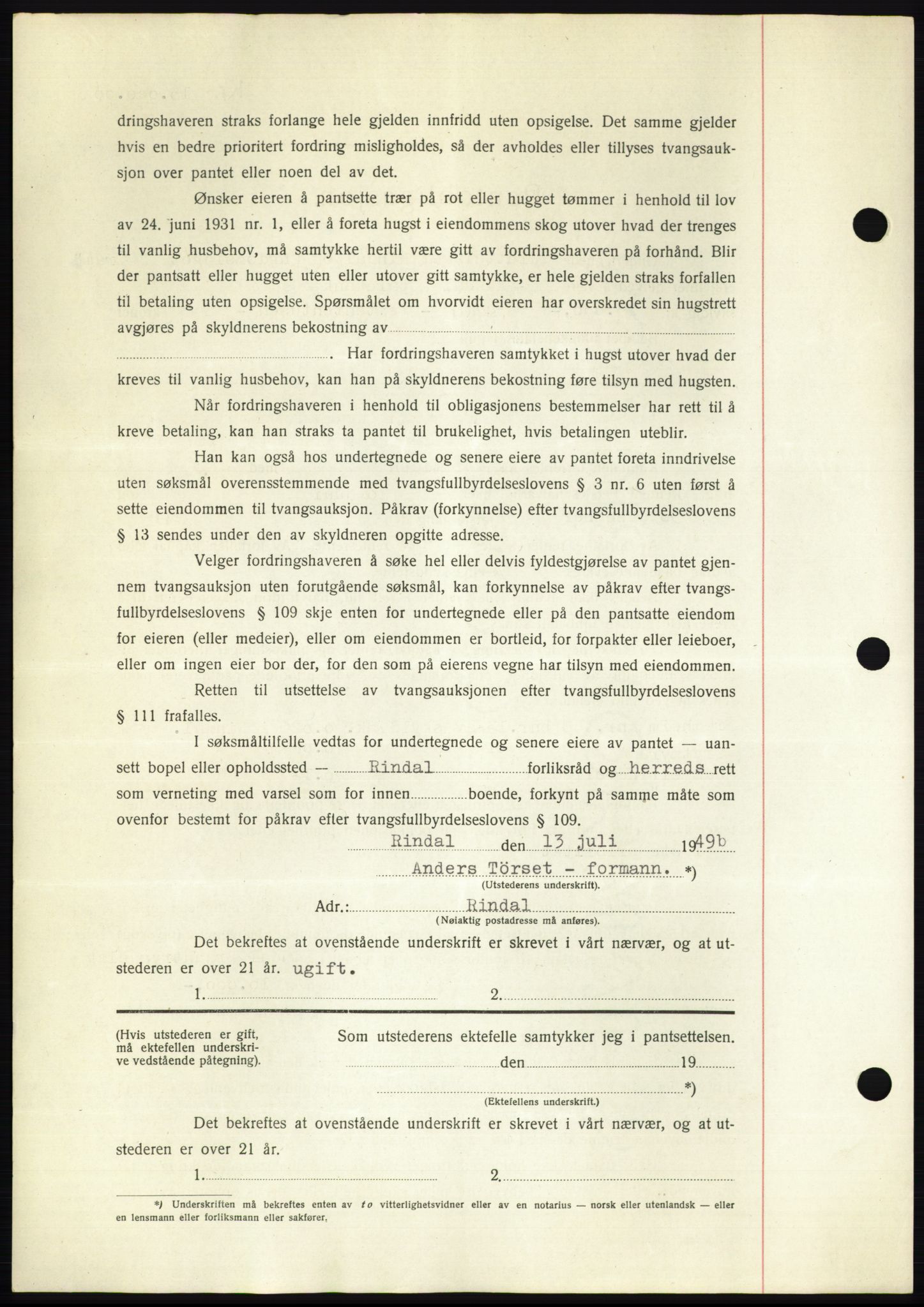 Nordmøre sorenskriveri, AV/SAT-A-4132/1/2/2Ca: Mortgage book no. B103, 1949-1950, Diary no: : 3476/1949