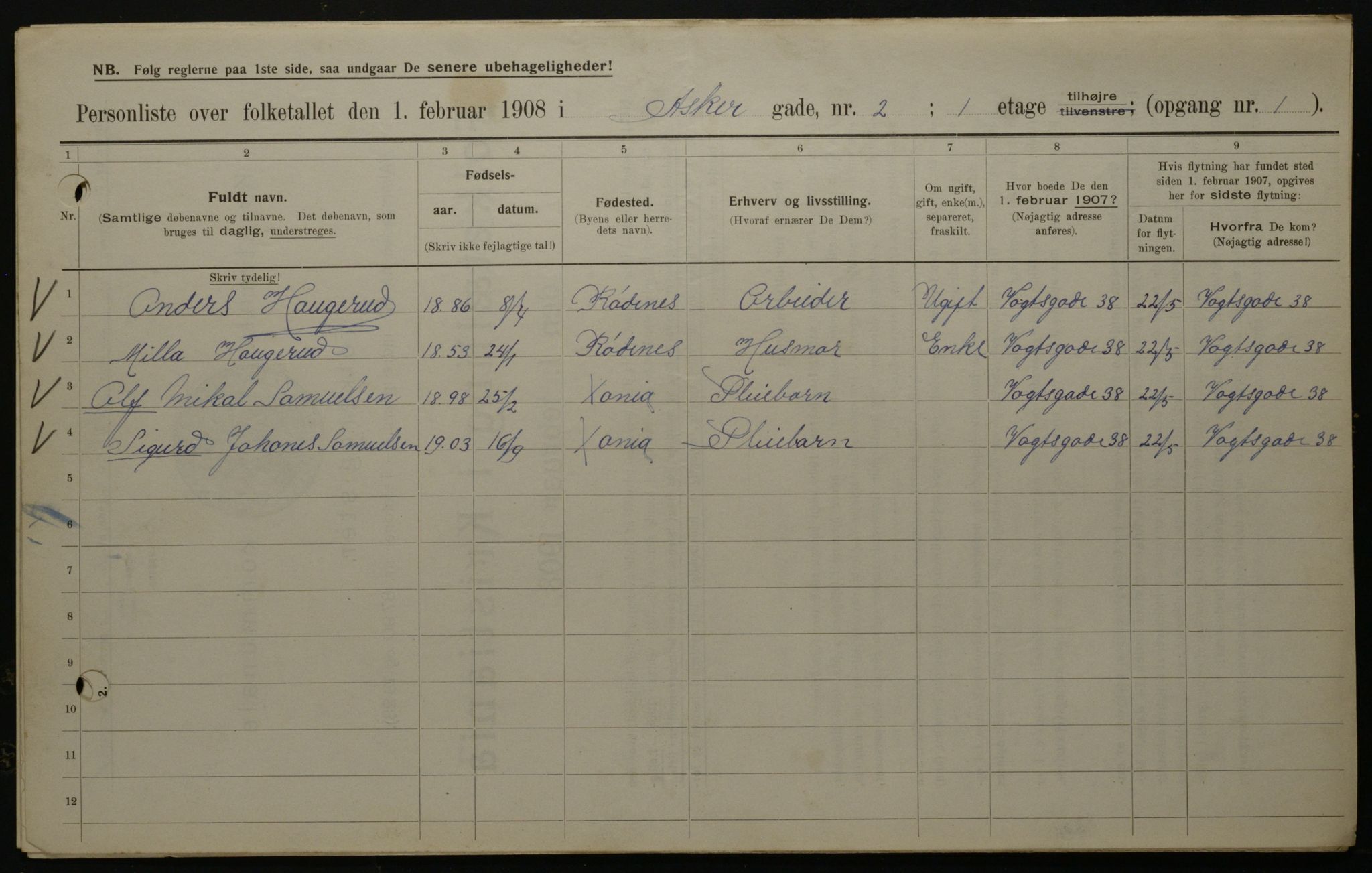 OBA, Municipal Census 1908 for Kristiania, 1908, p. 2612