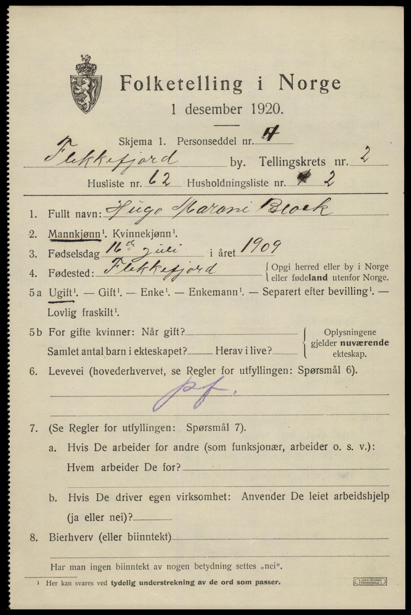 SAK, 1920 census for Flekkefjord, 1920, p. 3234