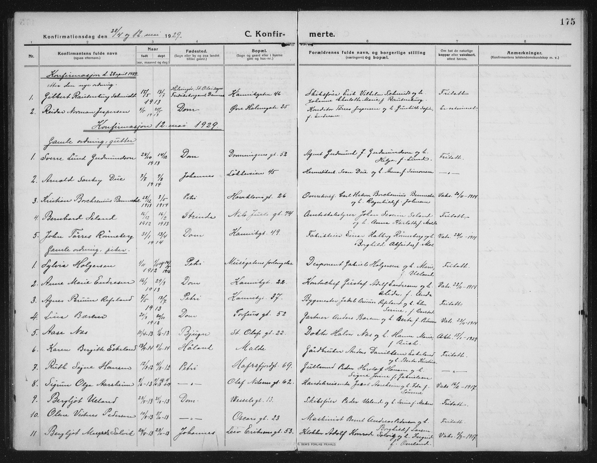 Domkirken sokneprestkontor, AV/SAST-A-101812/002/A/L0019: Parish register (official) no. A 35, 1916-1932, p. 175