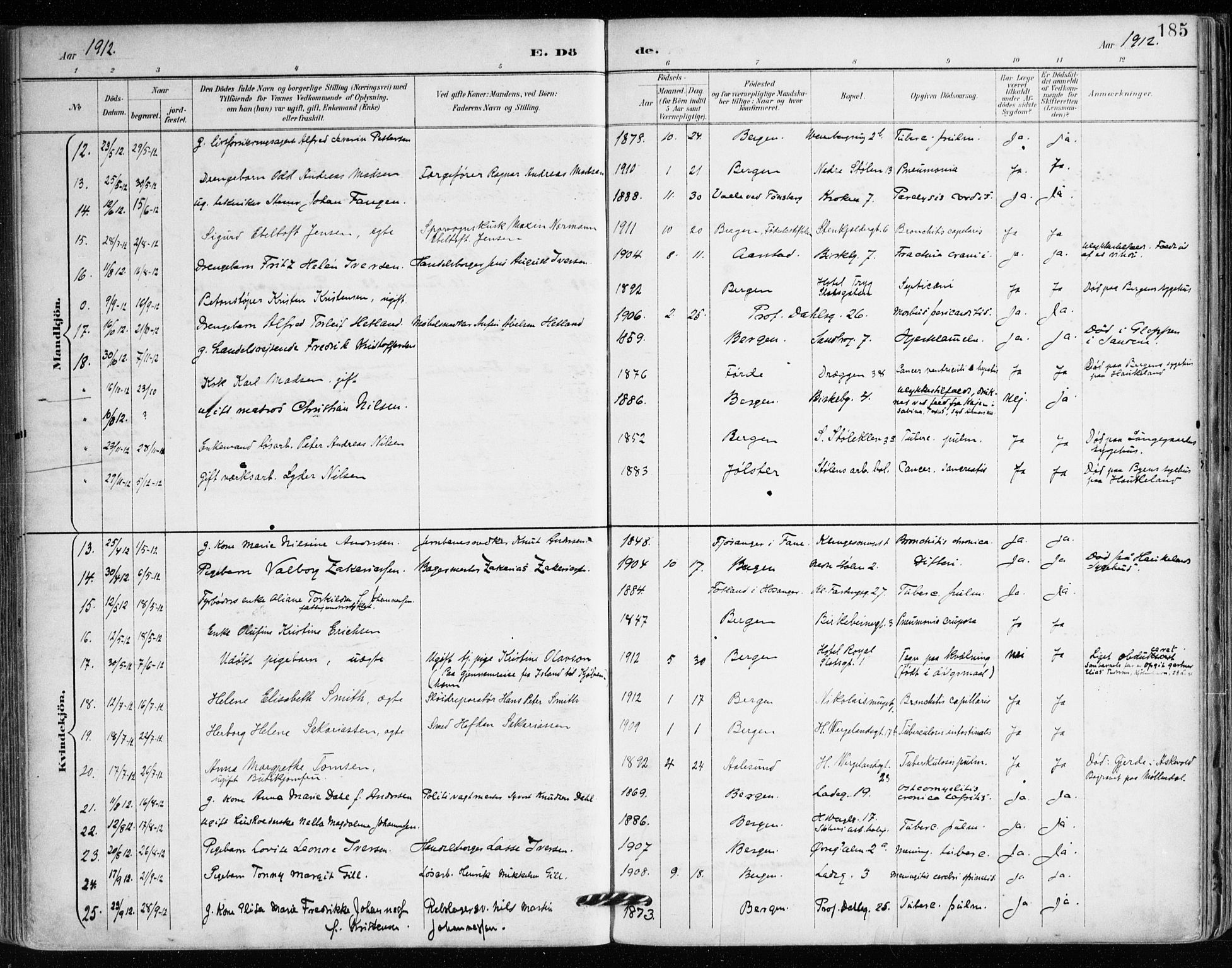Mariakirken Sokneprestembete, SAB/A-76901/H/Haa/L0008: Parish register (official) no. A 8, 1893-1942, p. 185