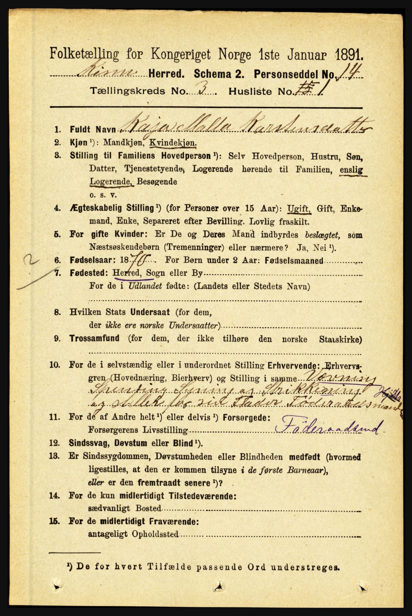 RA, 1891 census for 1437 Kinn, 1891, p. 946