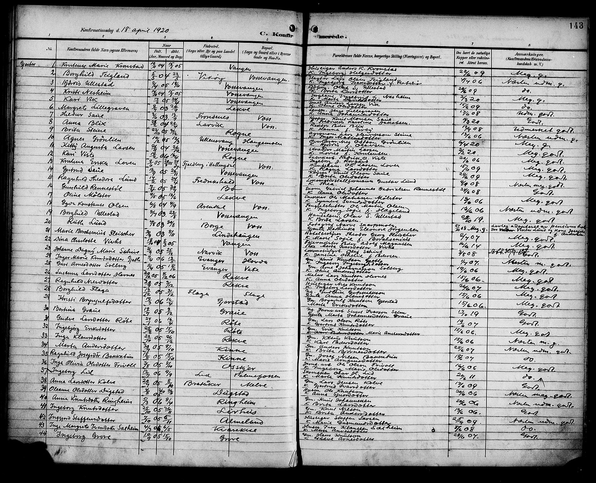 Voss sokneprestembete, SAB/A-79001/H/Haa: Parish register (official) no. B 2, 1899-1922, p. 143