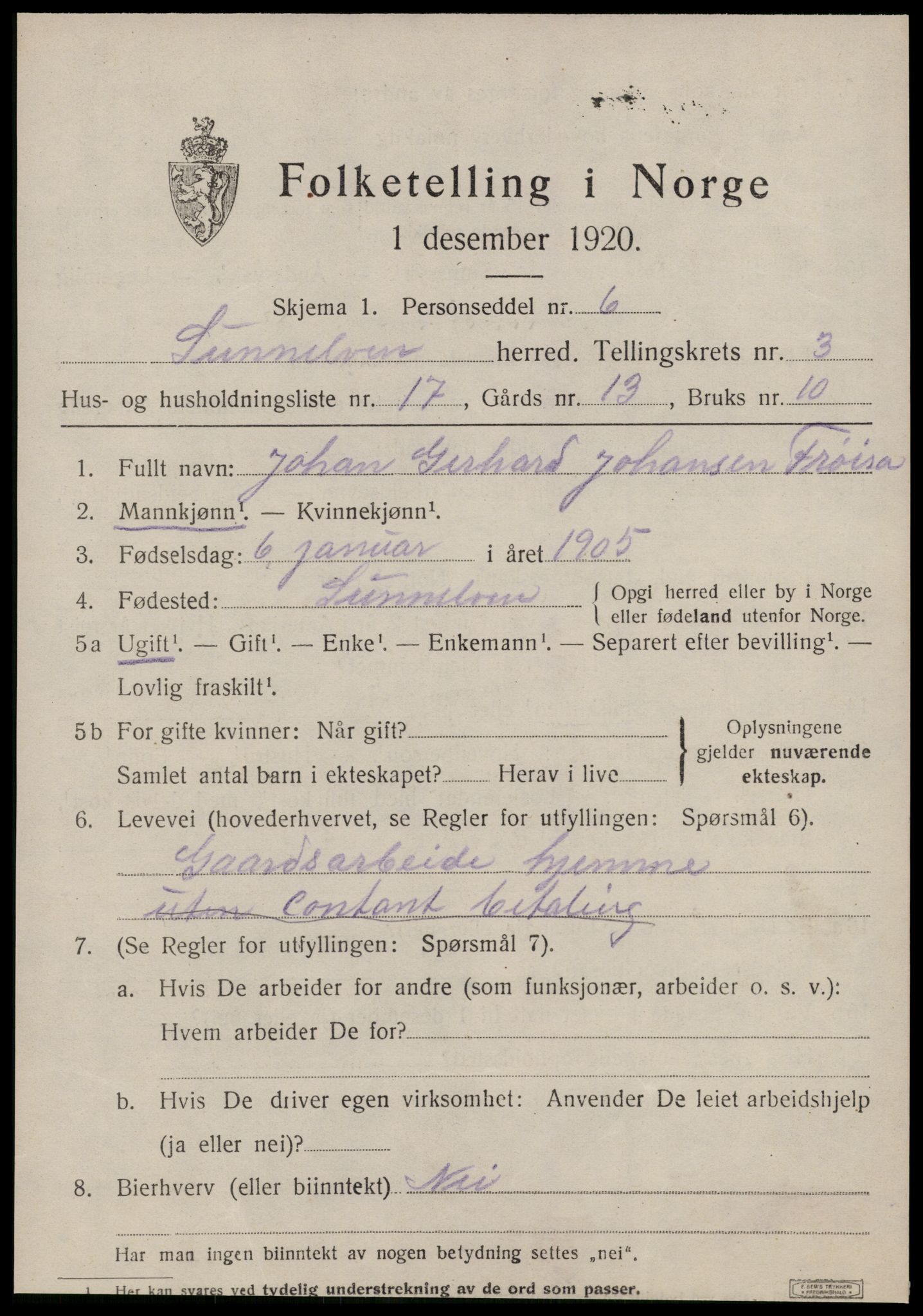 SAT, 1920 census for Sunnylven, 1920, p. 1888