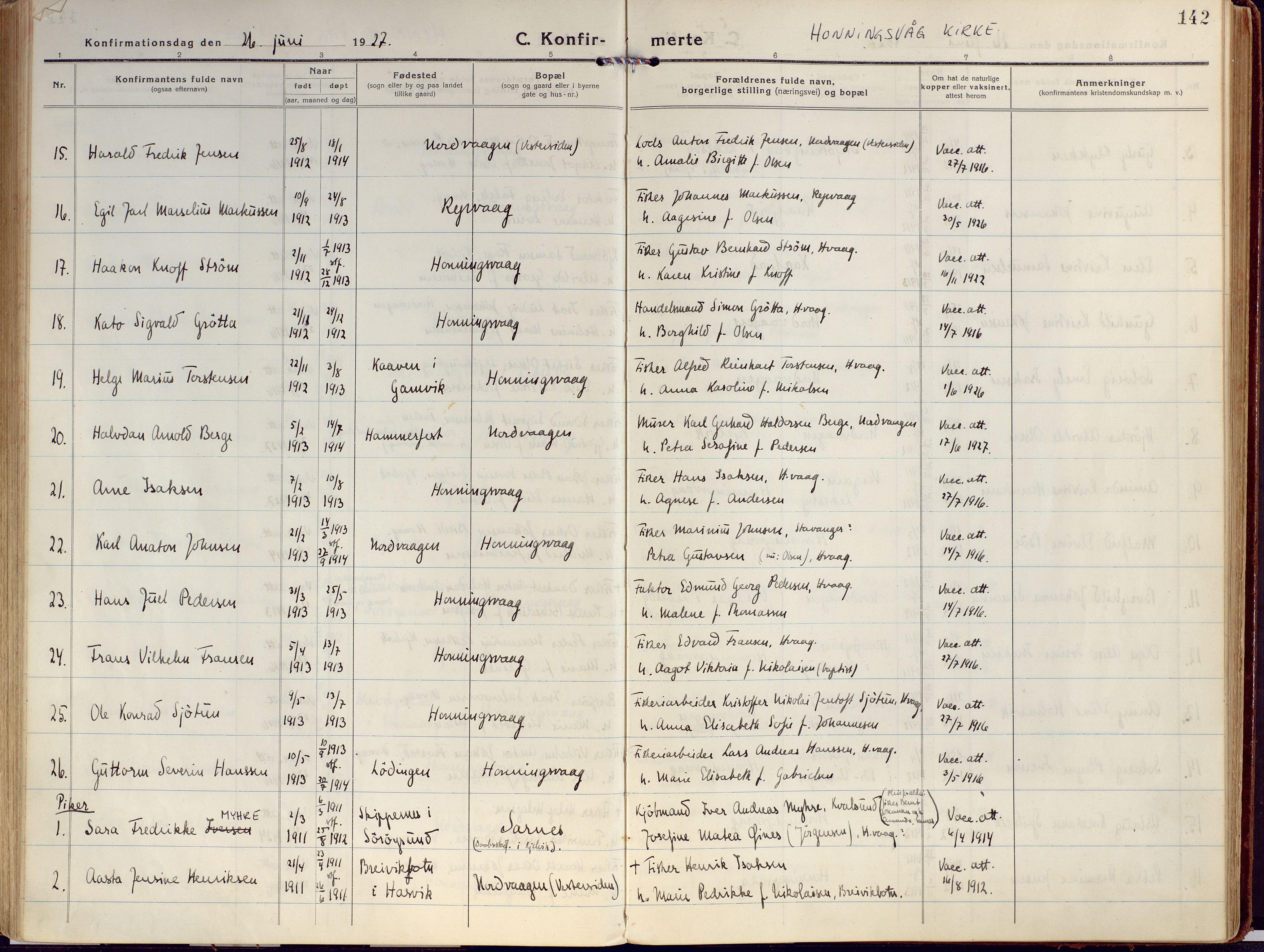 Kjelvik/Nordkapp sokneprestkontor, AV/SATØ-S-1350/H/Ha/L0002kirke: Parish register (official) no. 2, 1920-1929, p. 142