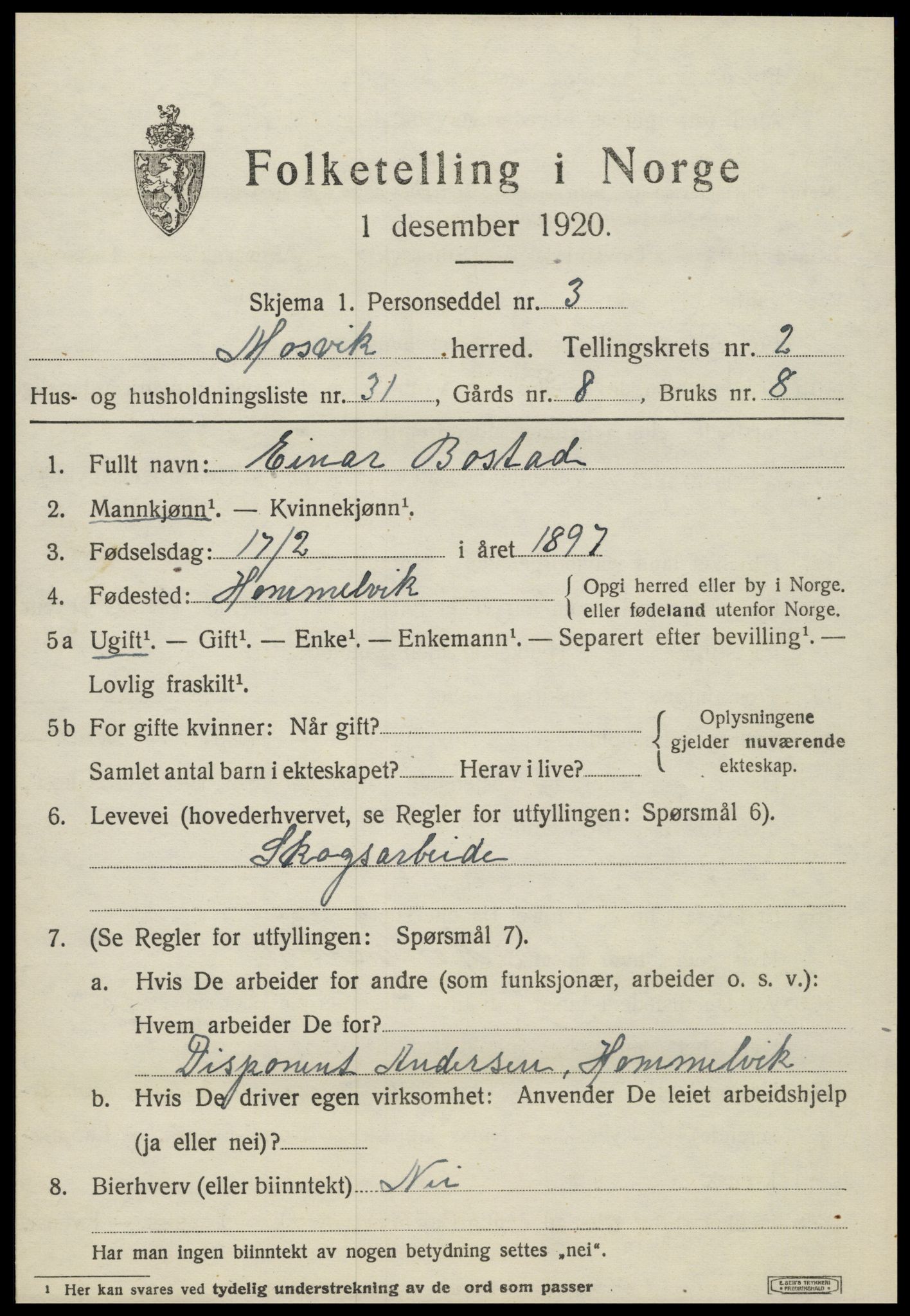 SAT, 1920 census for Mosvik, 1920, p. 846