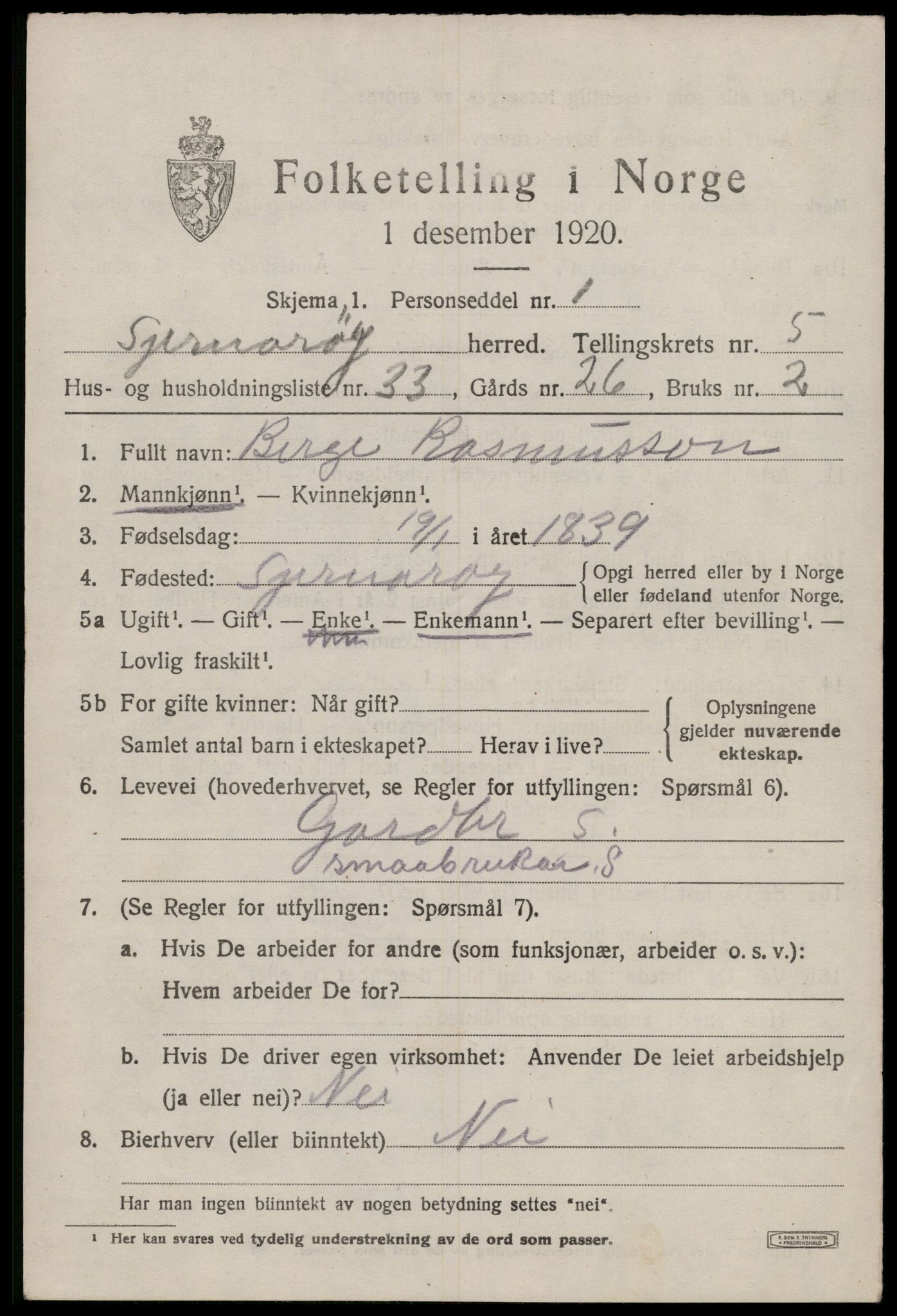 SAST, 1920 census for Sjernarøy, 1920, p. 1538