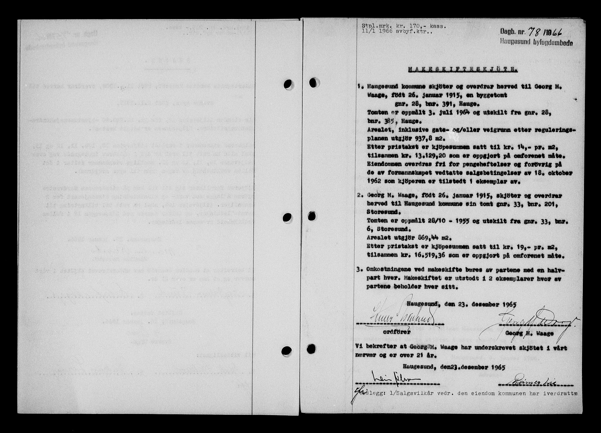 Haugesund tingrett, AV/SAST-A-101415/01/II/IIC/L0076: Mortgage book no. A 17, 1965-1966, Diary no: : 78/1966