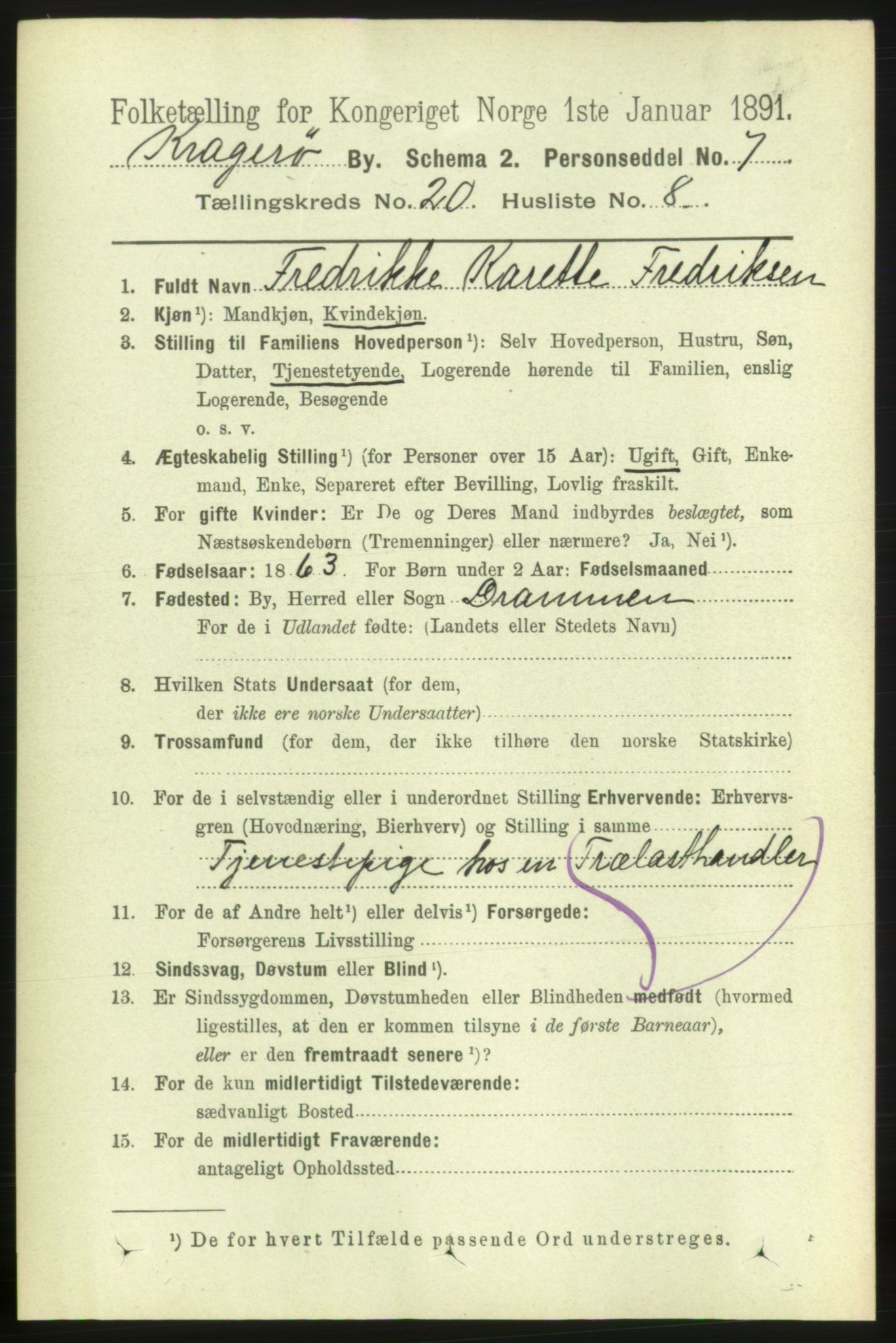 RA, 1891 census for 0801 Kragerø, 1891, p. 4665