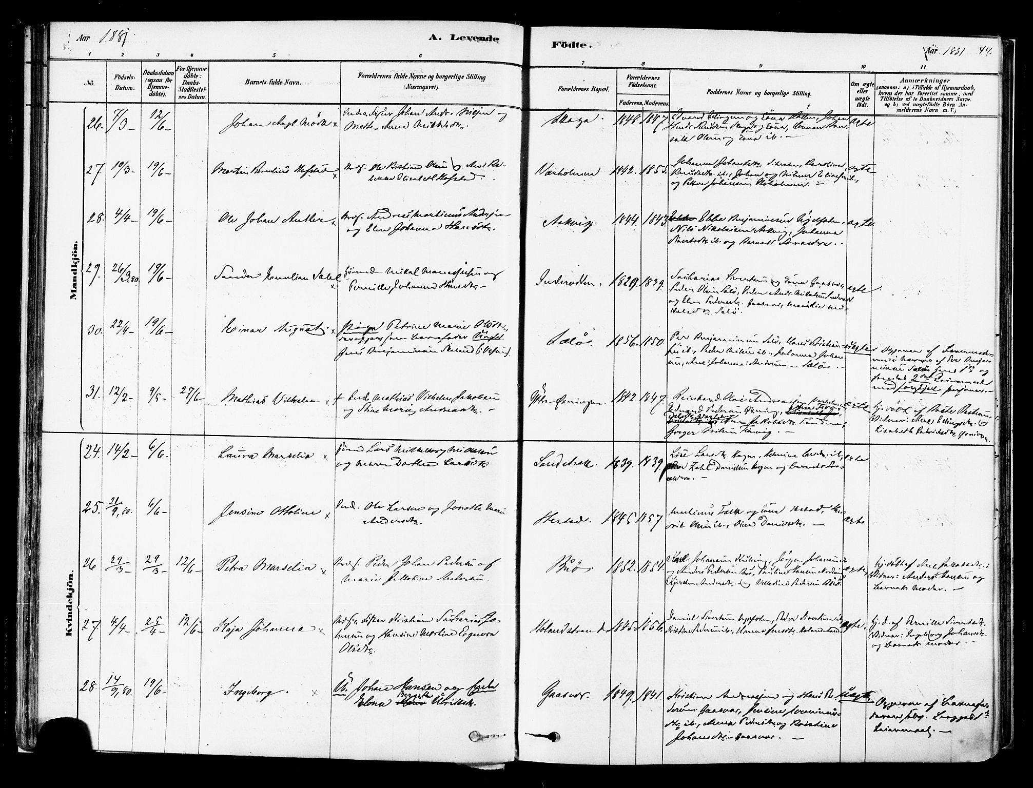 Ministerialprotokoller, klokkerbøker og fødselsregistre - Nordland, AV/SAT-A-1459/834/L0507: Parish register (official) no. 834A05, 1878-1892, p. 44