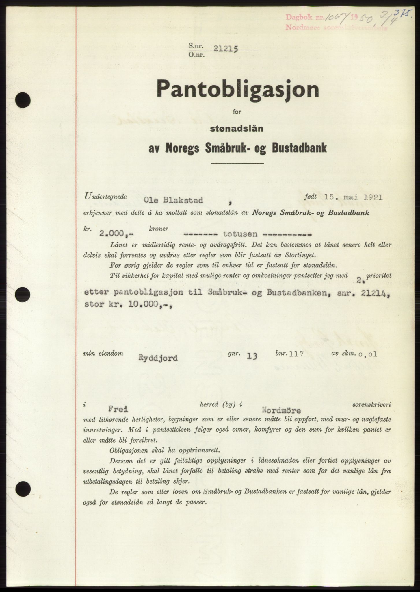 Nordmøre sorenskriveri, AV/SAT-A-4132/1/2/2Ca: Mortgage book no. B104, 1950-1950, Diary no: : 1067/1950