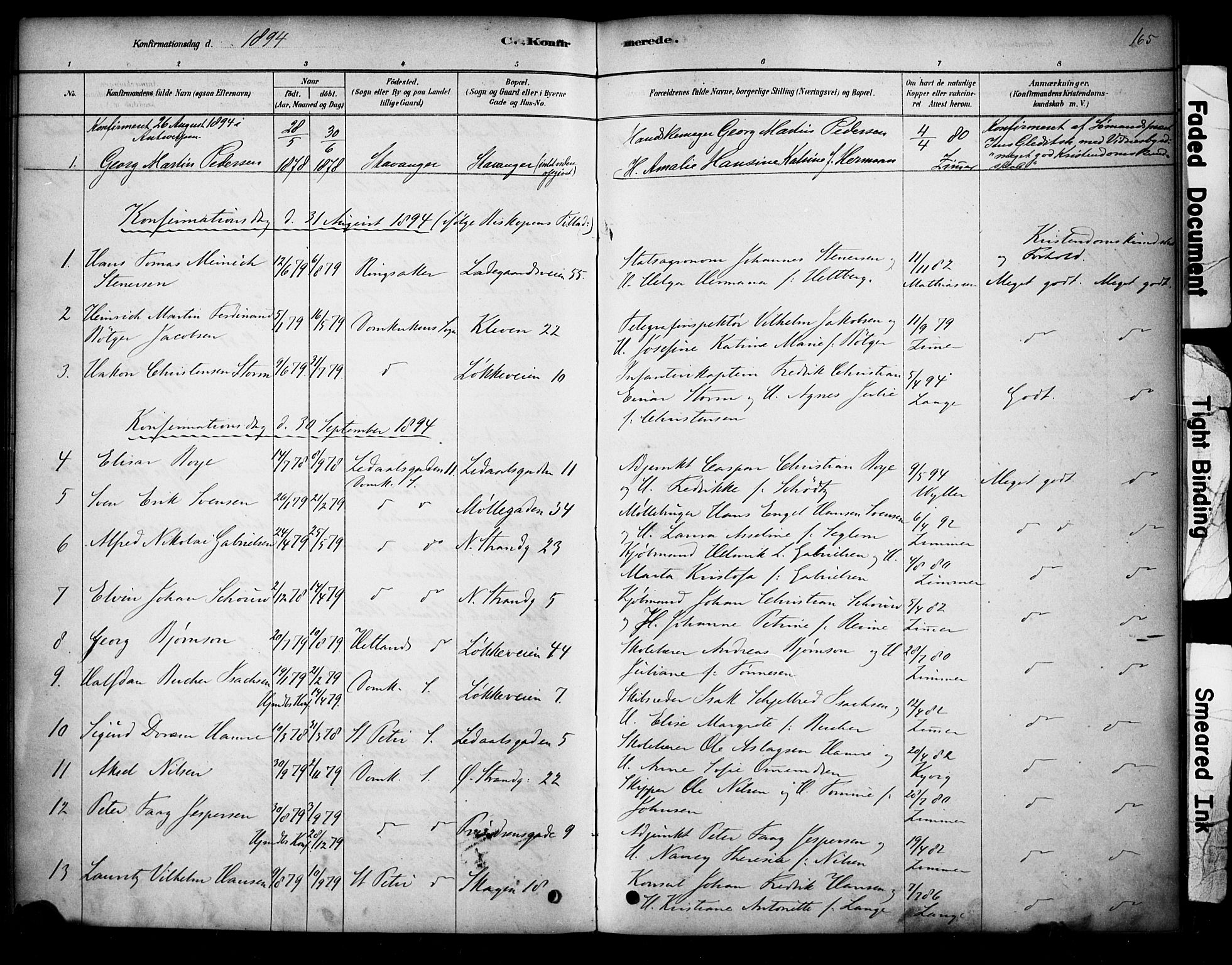 Domkirken sokneprestkontor, AV/SAST-A-101812/001/30/30BA/L0028: Parish register (official) no. A 27, 1878-1896, p. 165