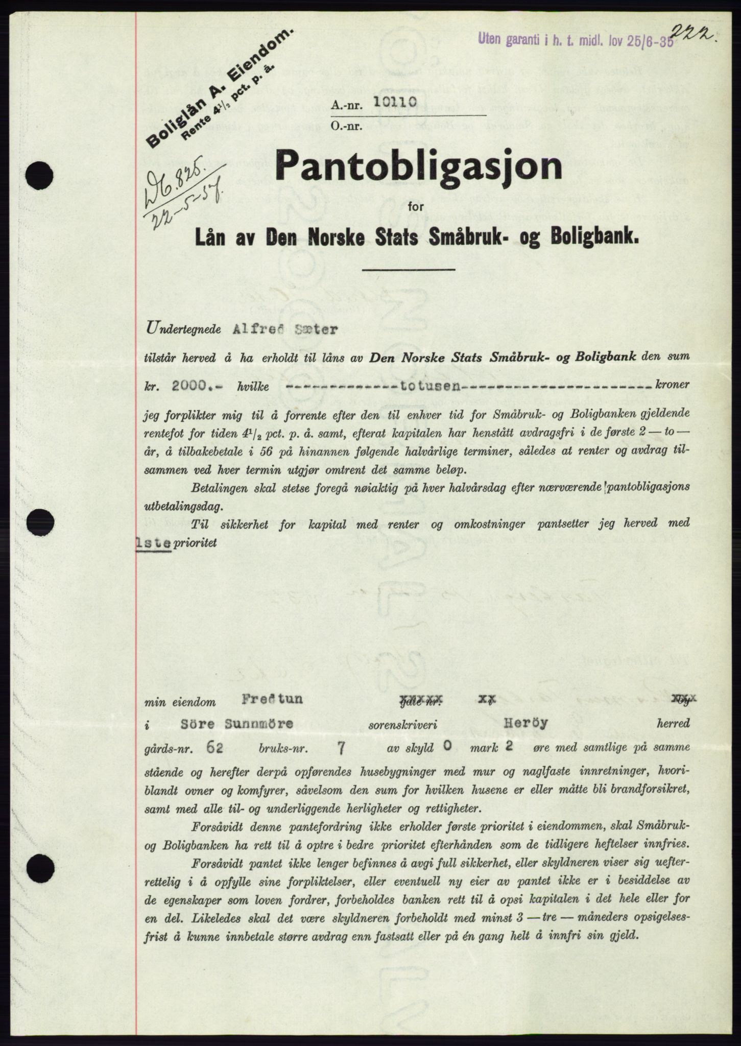 Søre Sunnmøre sorenskriveri, AV/SAT-A-4122/1/2/2C/L0063: Mortgage book no. 57, 1937-1937, Diary no: : 825/1937