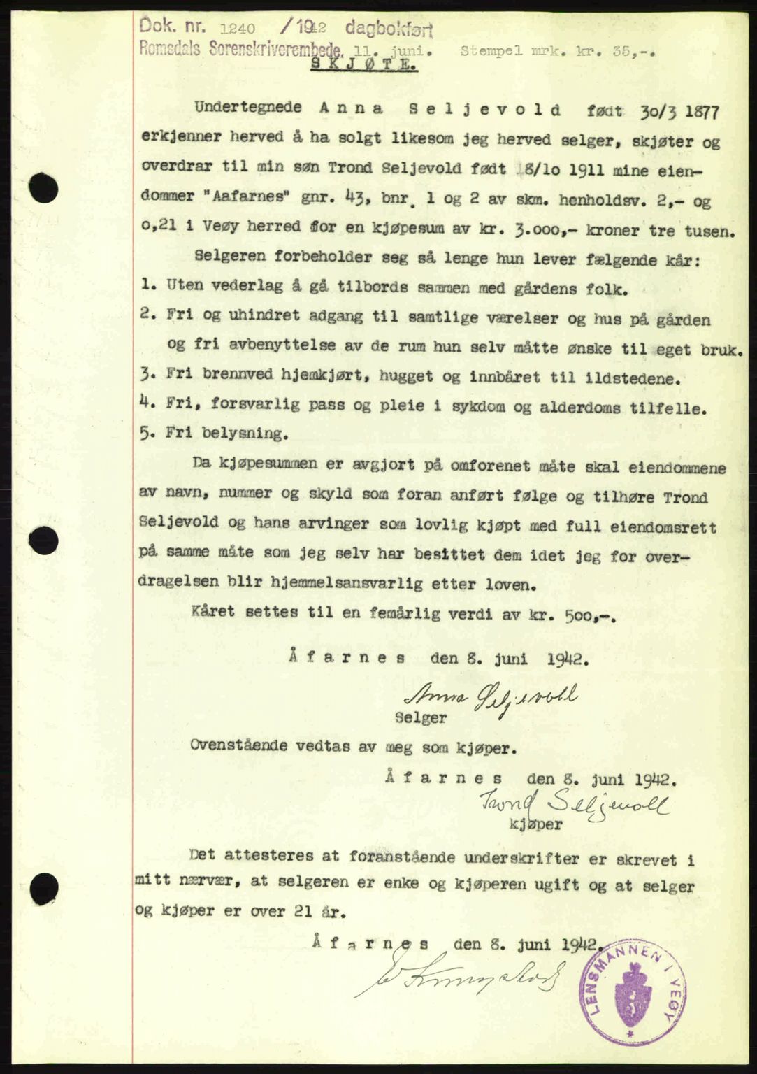 Romsdal sorenskriveri, AV/SAT-A-4149/1/2/2C: Mortgage book no. A12, 1942-1942, Diary no: : 1240/1942