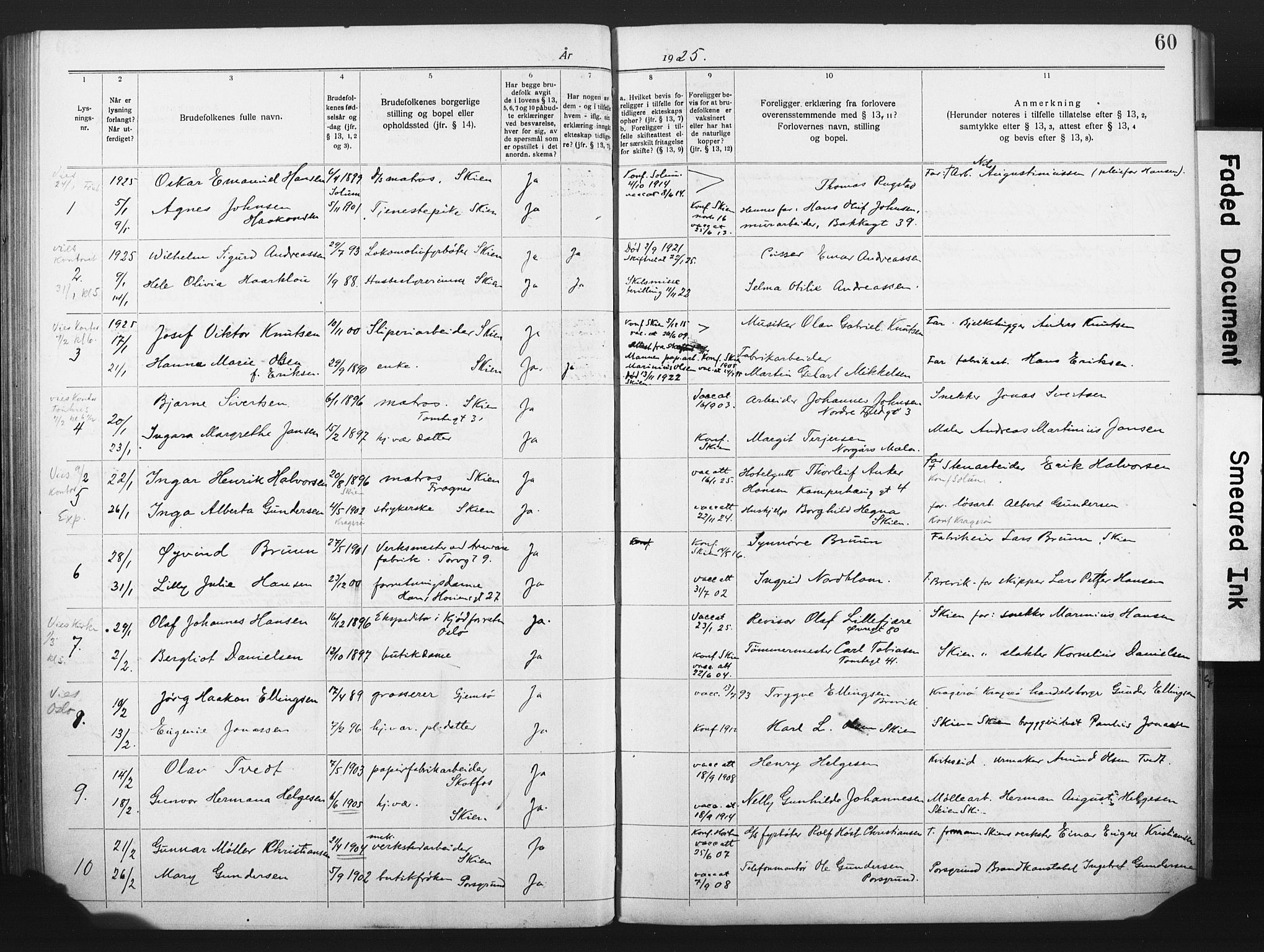 Skien kirkebøker, SAKO/A-302/H/Ha/L0001: Banns register no. 1, 1919-1929, p. 60