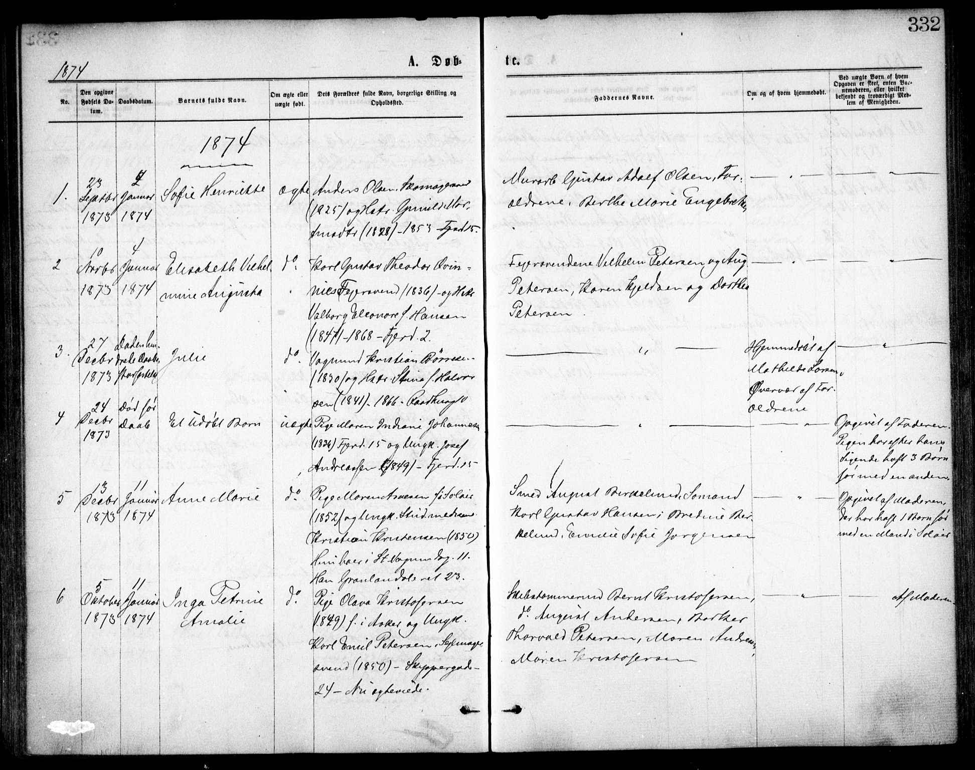 Oslo domkirke Kirkebøker, SAO/A-10752/F/Fa/L0017: Parish register (official) no. 17, 1869-1878, p. 332
